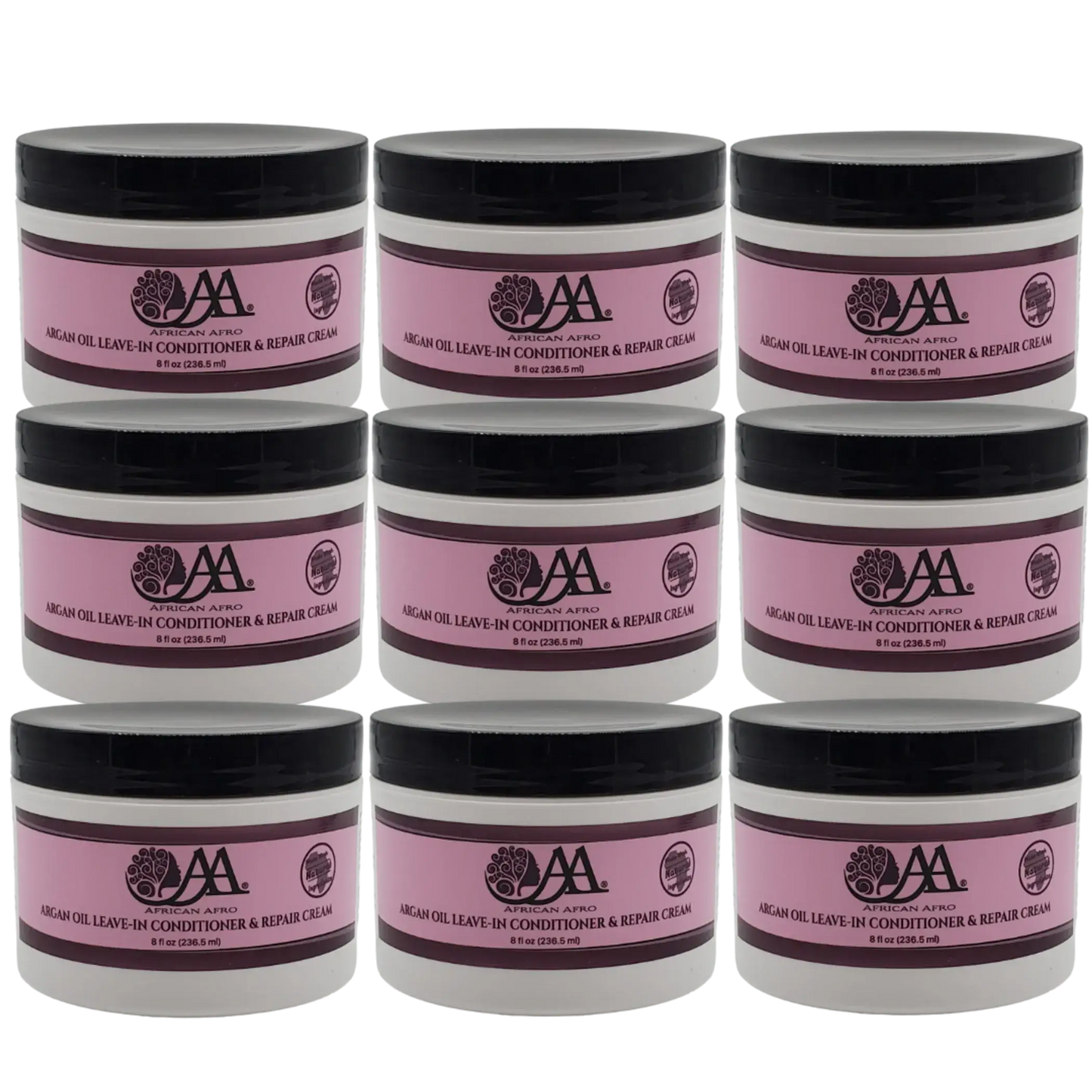 Argan Oil Leave-In Conditioner and Hair Repair Cream jars, moisturizing formula with natural ingredients, 8 fl. oz. each.