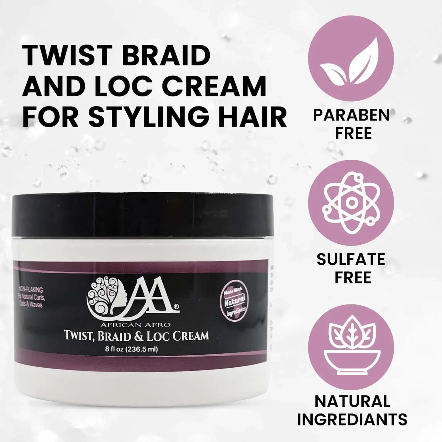 Twist Braid and Loc Cream for natural hair styling, offering medium hold and frizz reduction with shea butter, almond oil, and aloe vera.