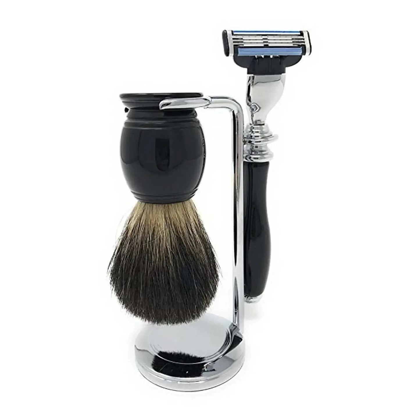3-piece shave set with custom black razor handle, Gillette Mach3 blade, badger hair brush, and chrome plated stand