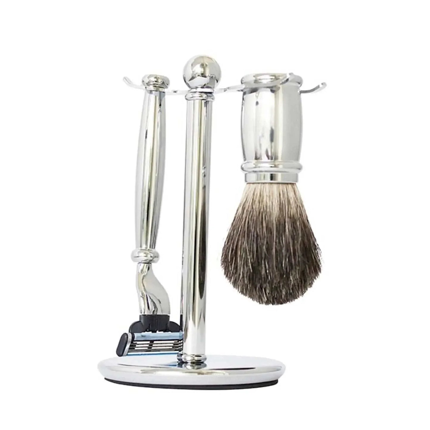 Chrome plated 3-piece shave set with custom black razor, Gillette Mach3 blade, and badger hair shaving brush on stand