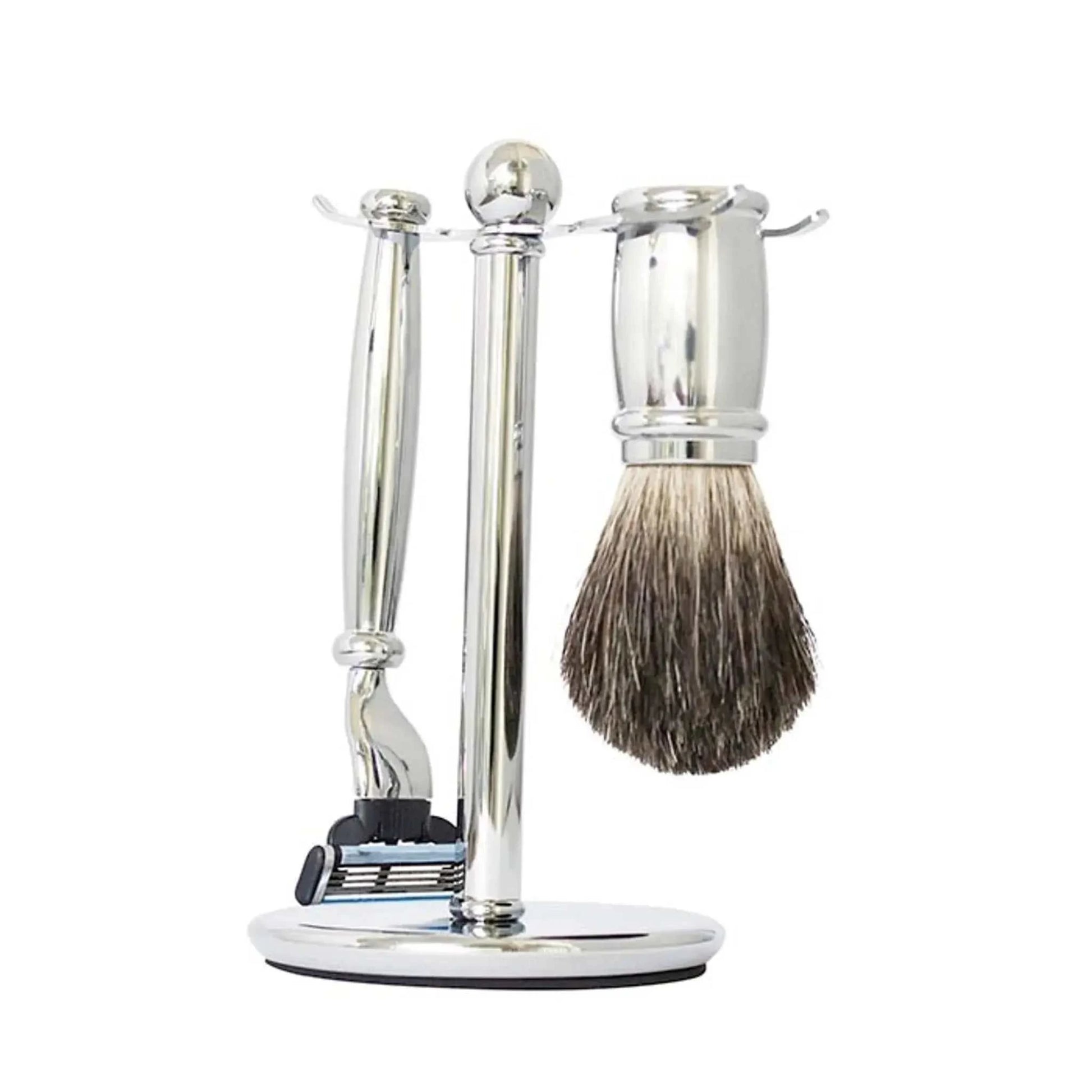3-piece chrome plated shave set with custom black razor handle, Gillette Mach3 blade, and 4" badger-hair shave brush on stand