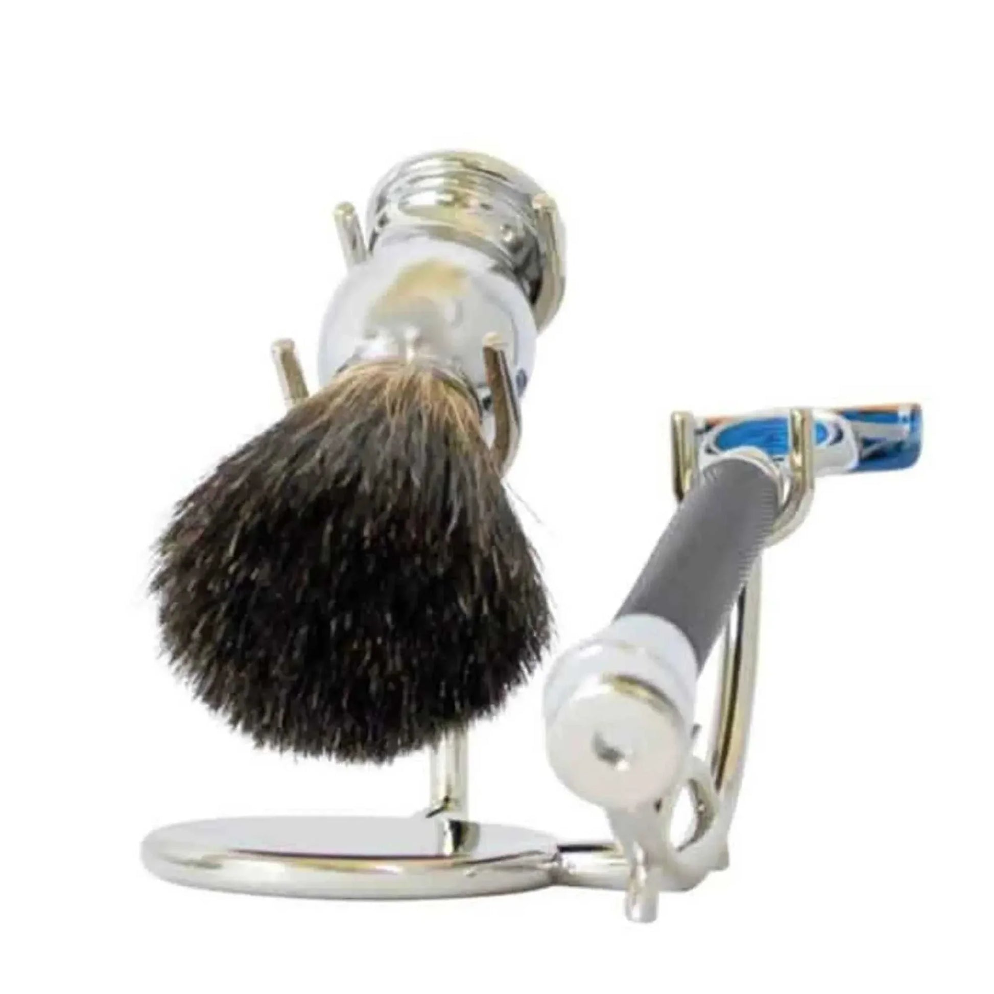 3-piece shave set with black razor handle, Gillette Mach3 blade, badger-hair shaving brush, and chrome stand