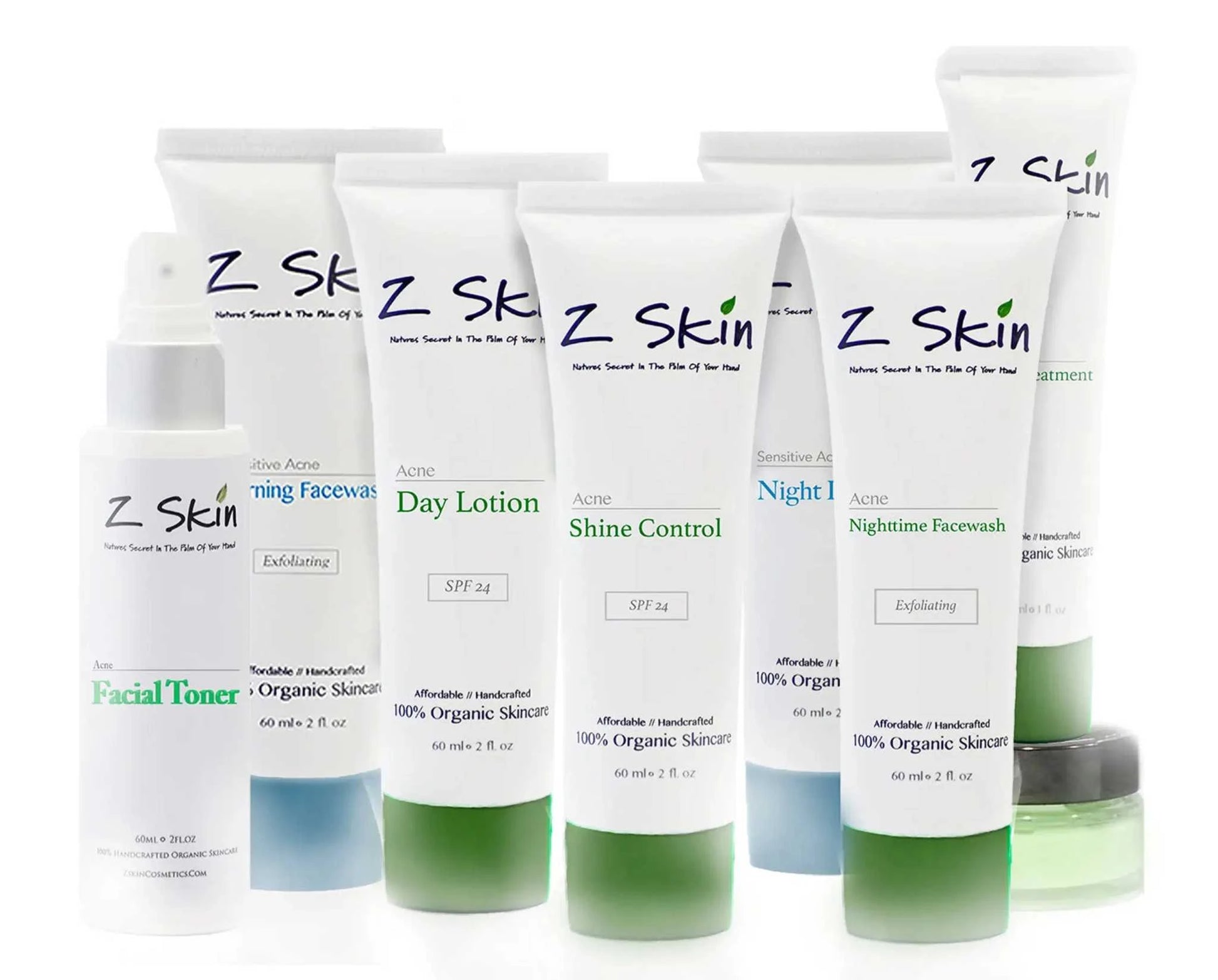 Complete Acne System with organic treatments for clear skin, including lotions, washes, toner, and scrub.