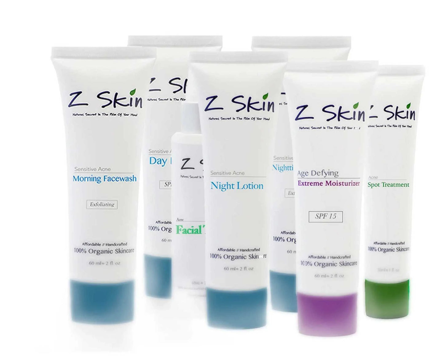 Complete Acne System with organic treatments for clear skin; includes day lotion, night lotion, exfoliating washes, shine control, spot treatment, scrub, and toner.