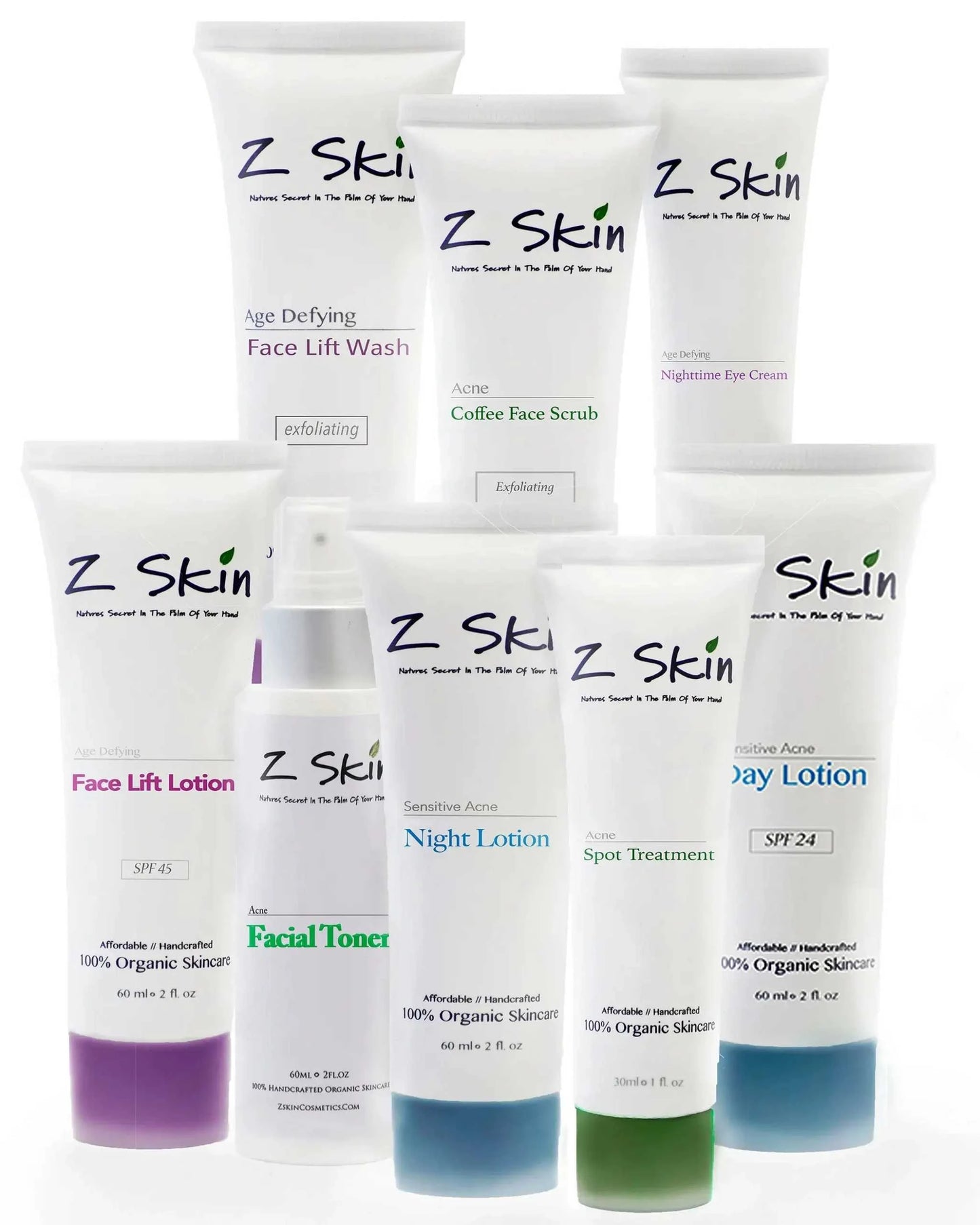 Complete Acne System with organic treatments including day and night lotions, exfoliating washes, shine control, spot treatment, and coffee almond face scrub.