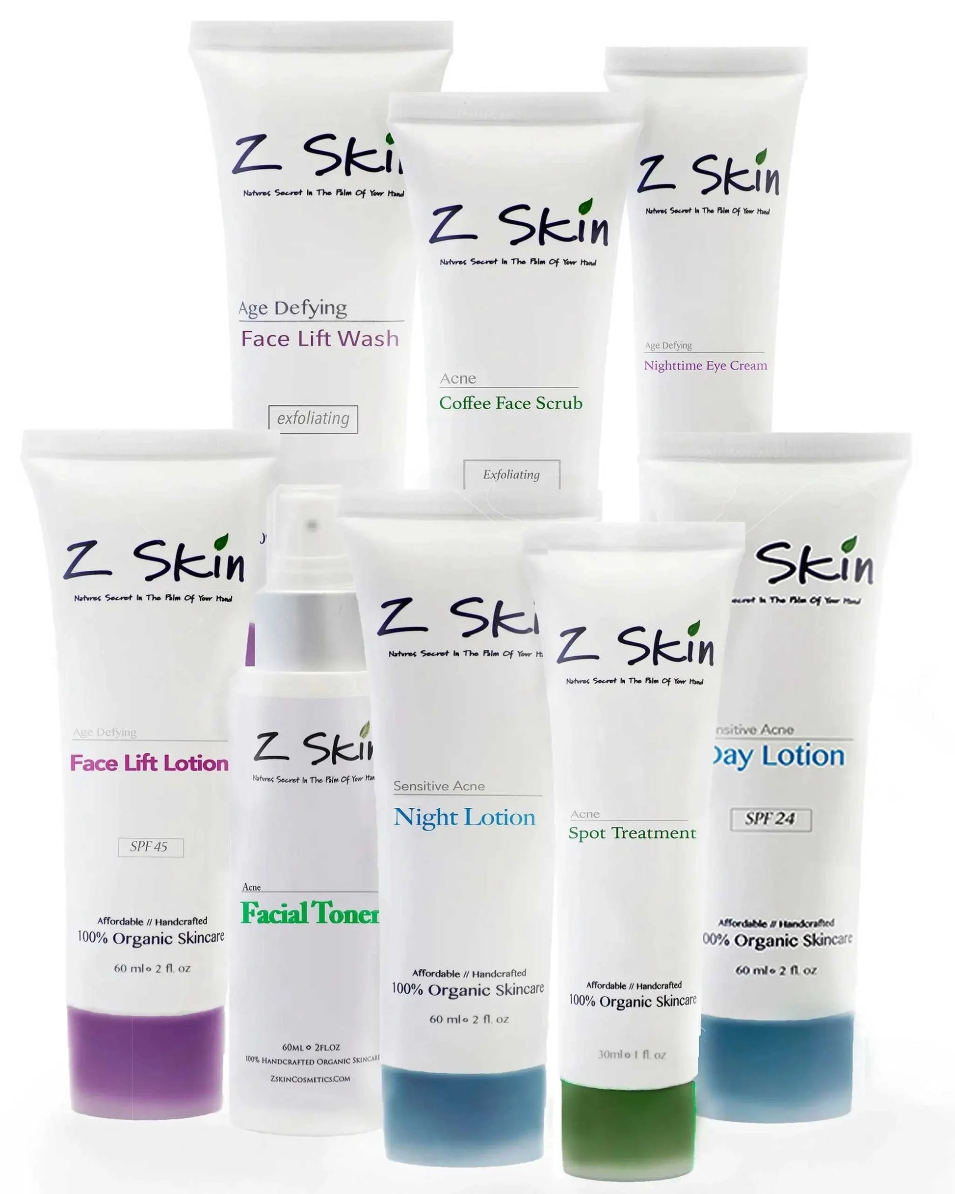 Complete Acne System with organic treatments including day and night lotions, exfoliating washes, shine control, spot treatment, and coffee almond face scrub.