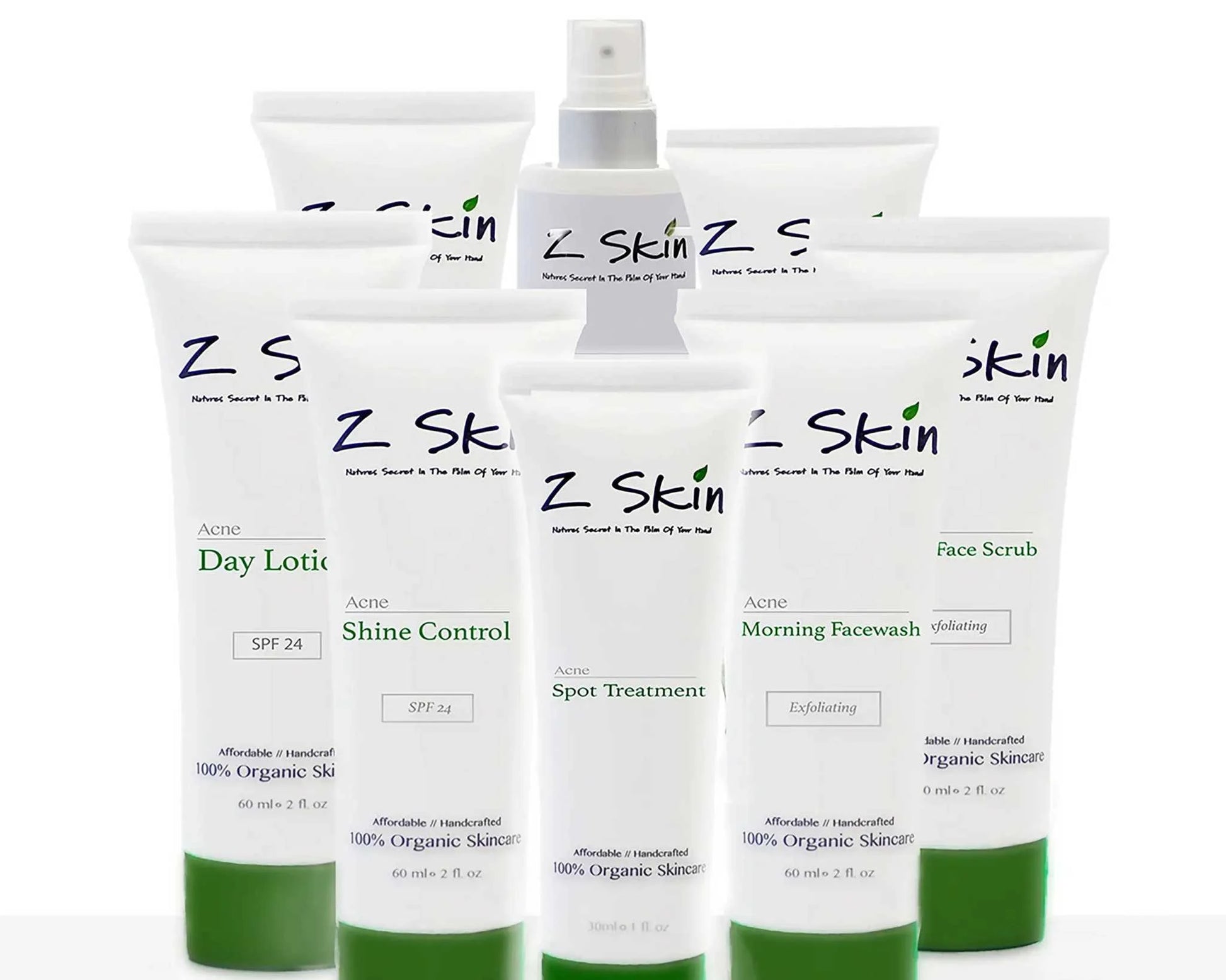 Complete Acne System with organic treatments to clear skin, including day lotion, night lotion, exfoliating washes, shine control, spot treatment, face scrub, and toner.