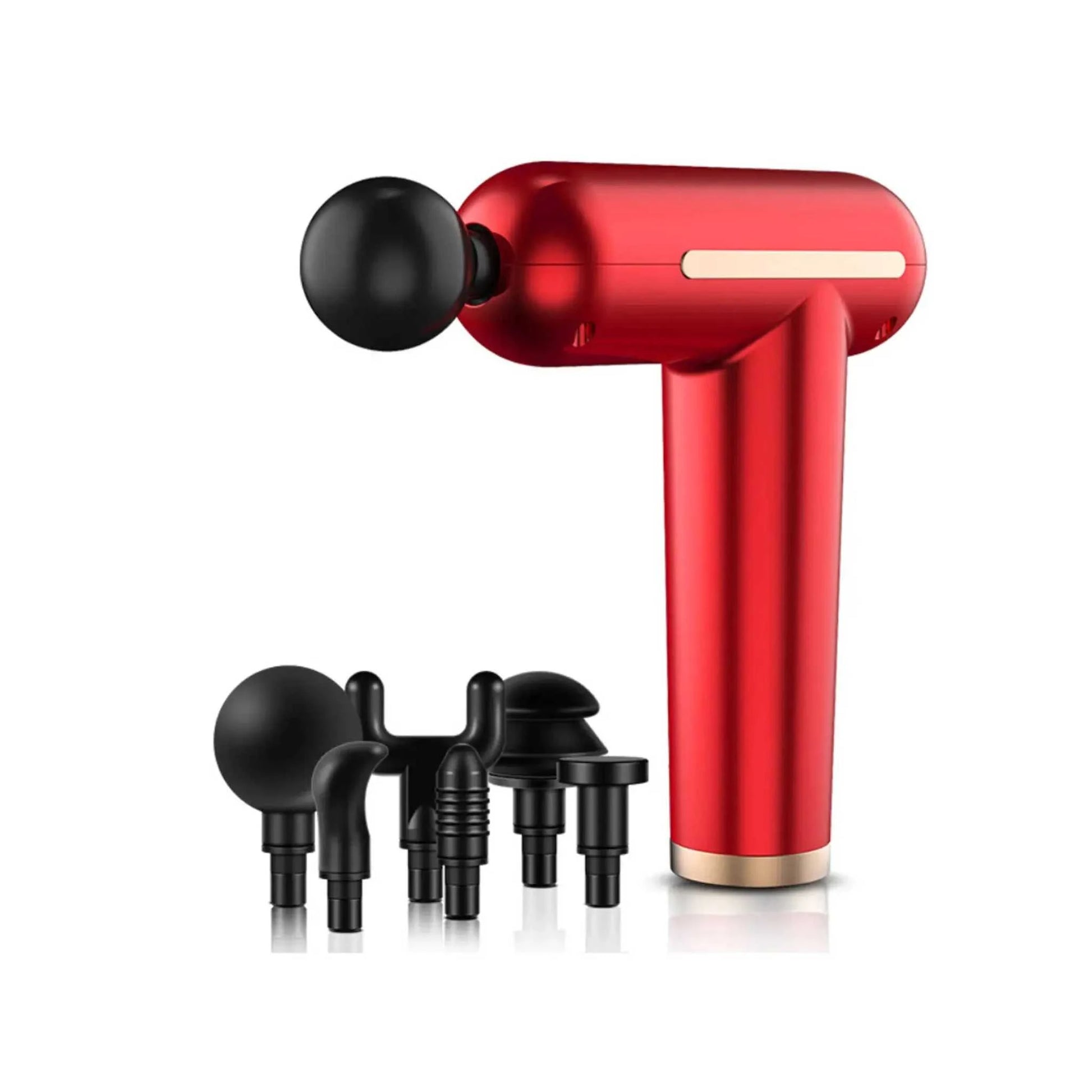 Red portable deep tissue massage tool with interchangeable heads.