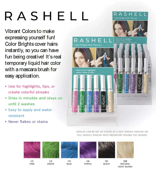 Rashell Color Brights Hair Mascara Fast Start Kit display with 36 pieces and free testers.