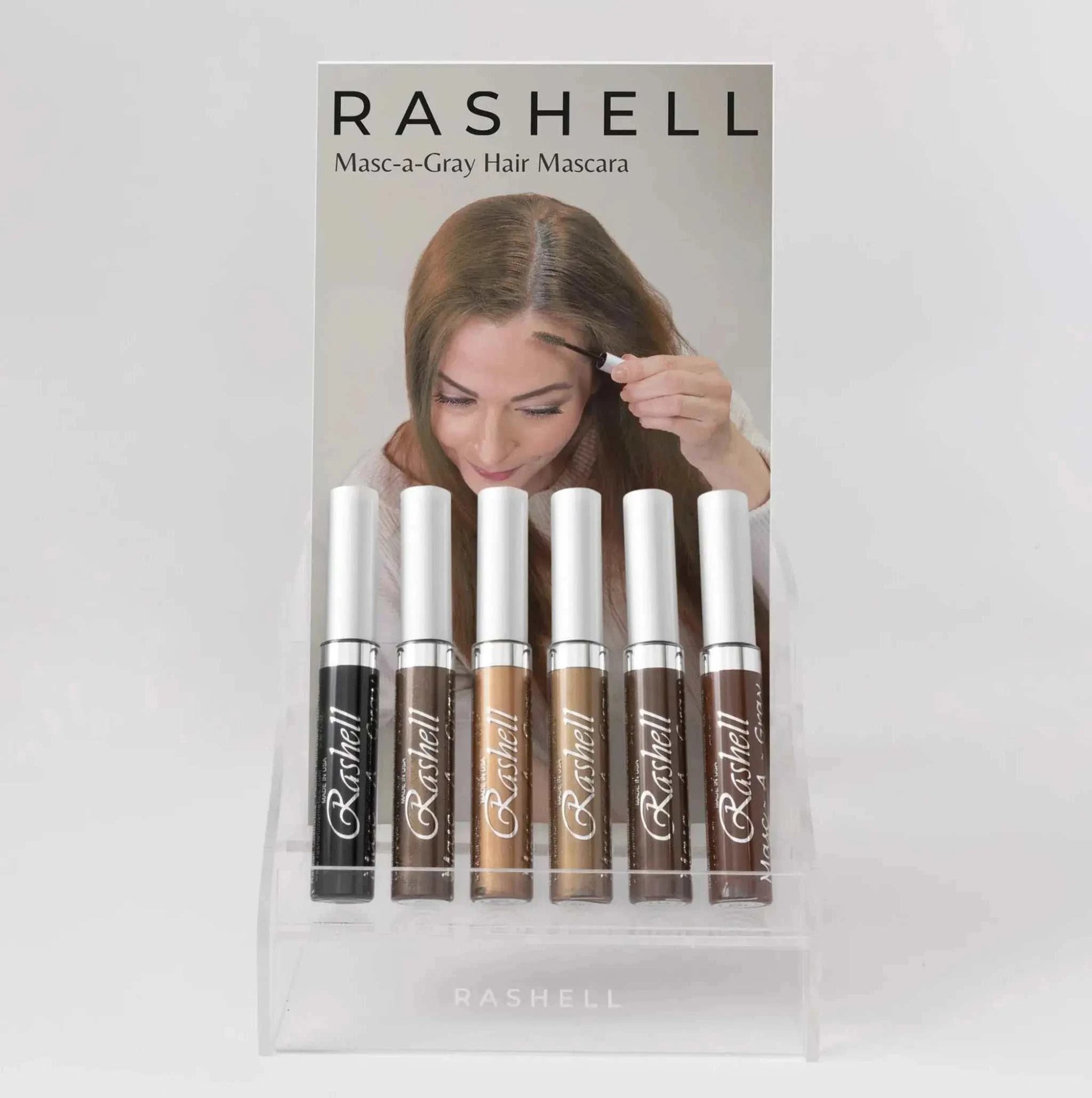 Rashell Hair Mascara 36-piece display with 6 shades and testers.