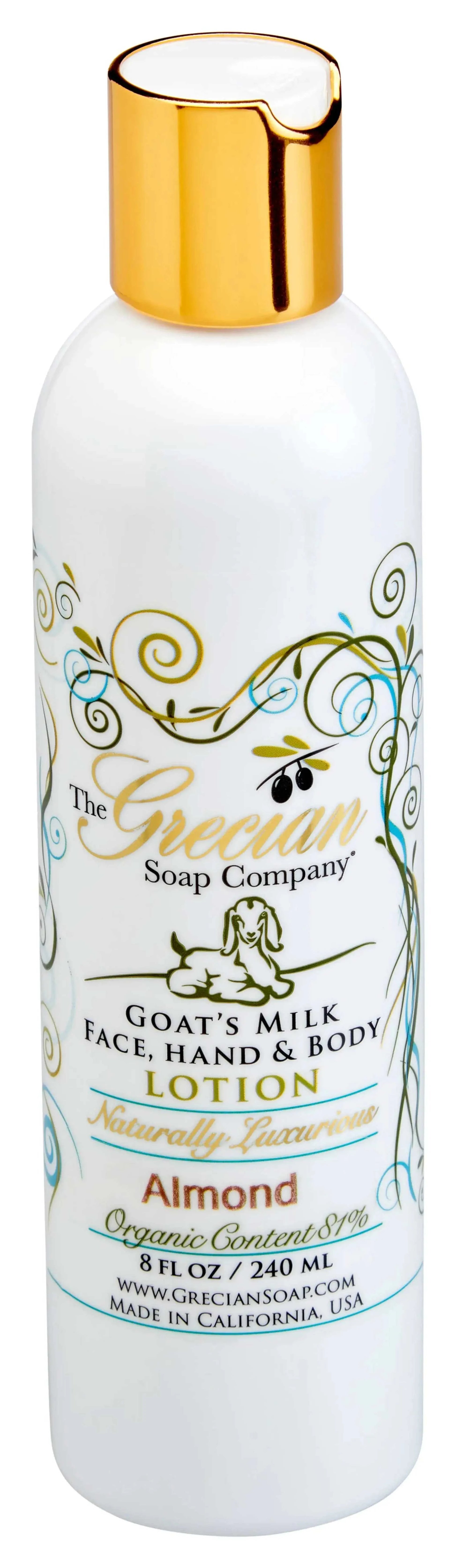 Organic Goats Milk Lotion bottle by Grecian Soap Company, enriched with aloe leaf juice for nourishment and hydration.