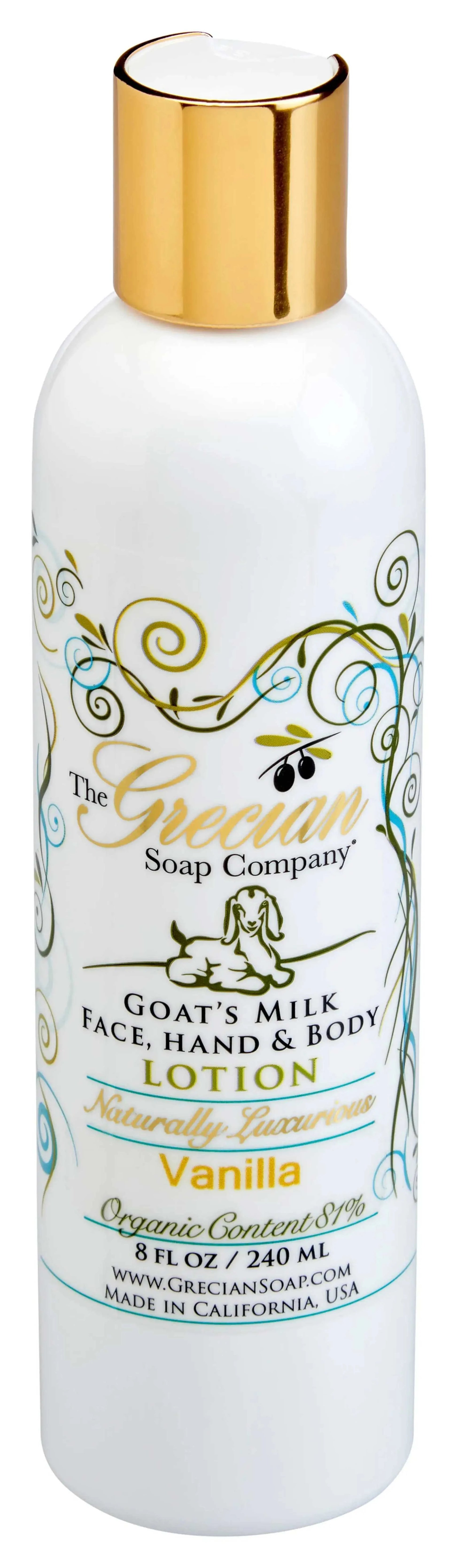 Organic Goats Milk Lotion by Grecian Soap Company in an 8oz bottle with a gold cap and vanilla scent.