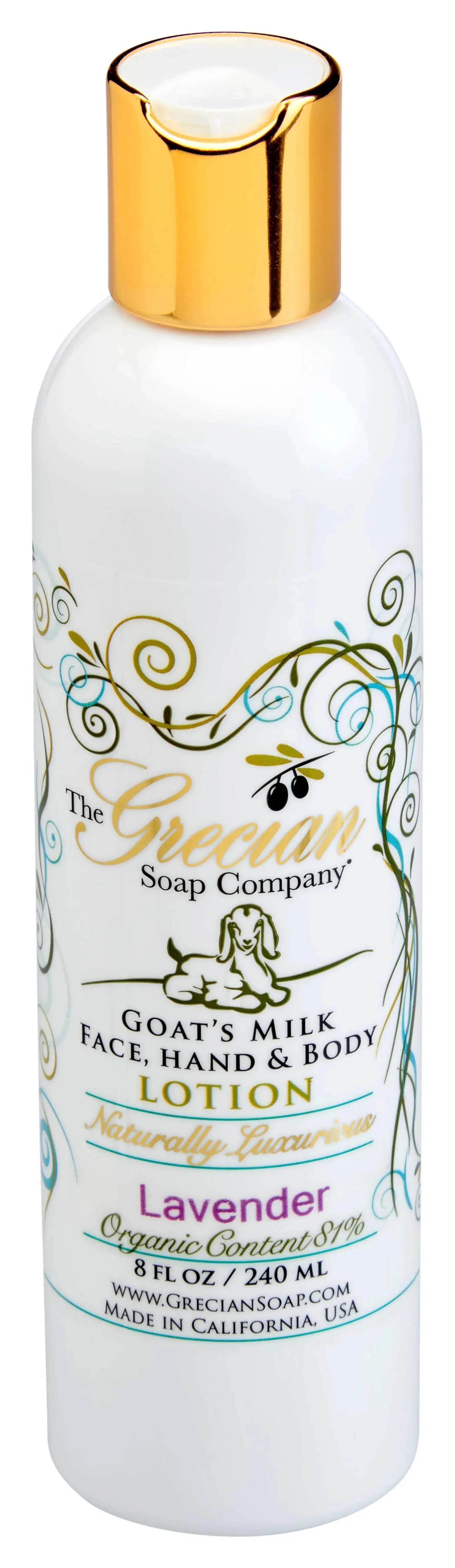 Organic Goat's Milk Lotion bottle from The Grecian Soap Company with lavender scent.