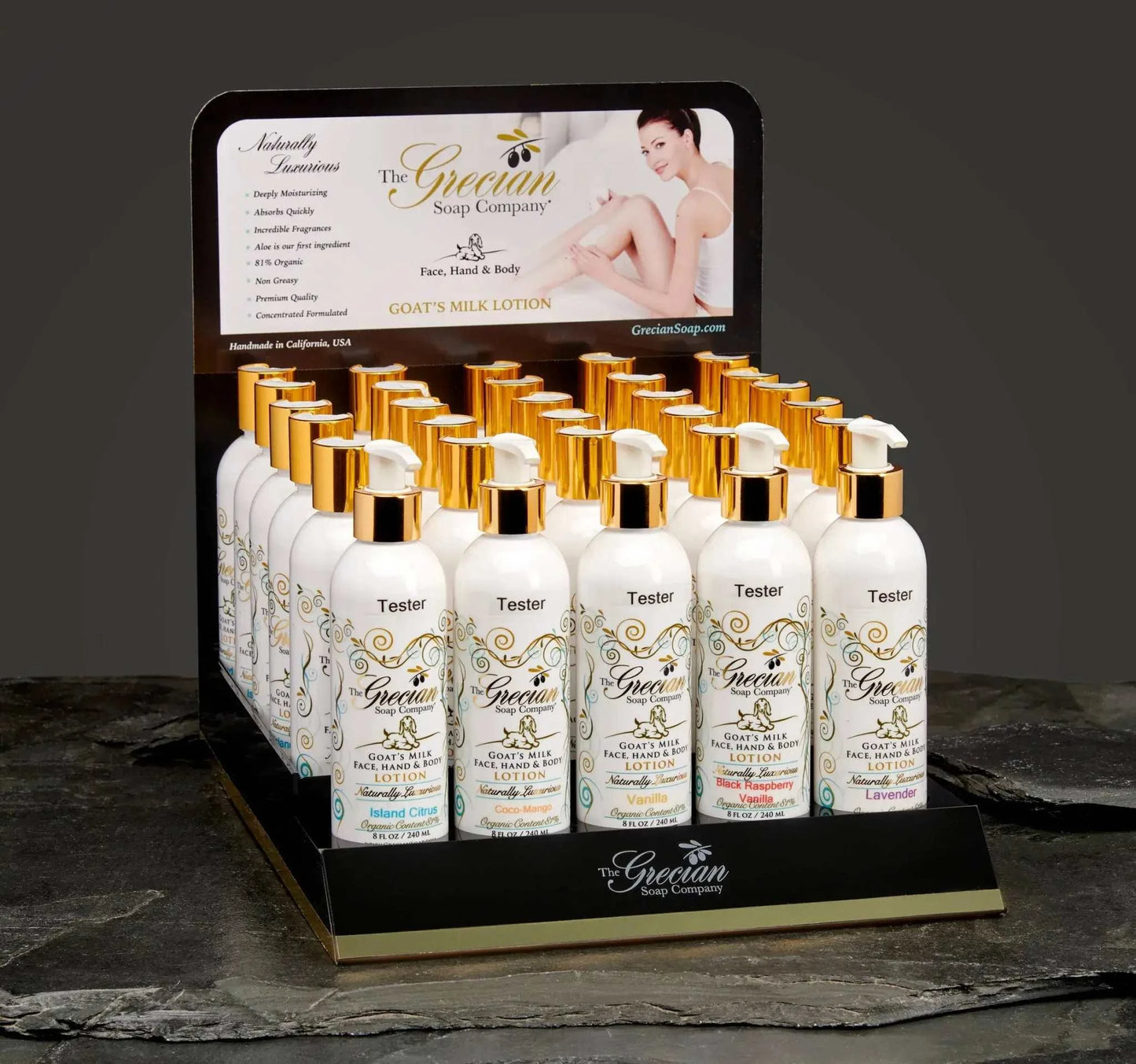 Display of Organic Goats Milk Lotion bottles by Grecian Soap Company.