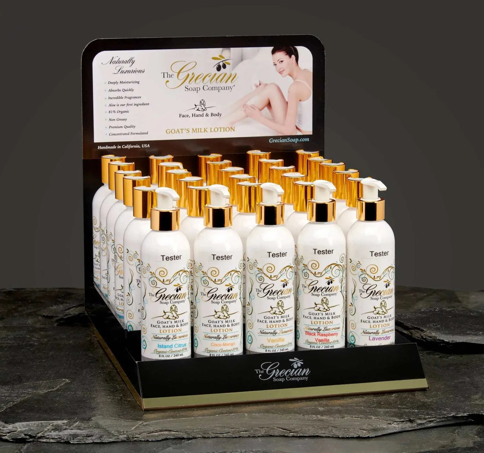 Display of Organic Goats Milk Lotion bottles by Grecian Soap Company.