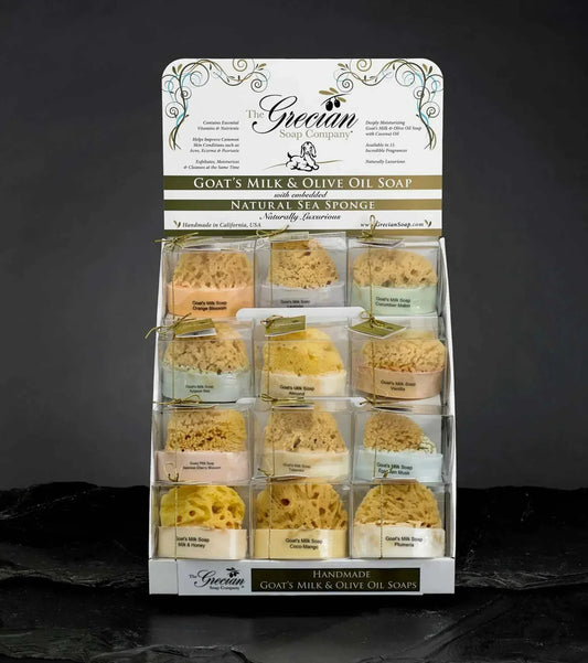 Goats Milk Soaps with Natural Sea Sponge Display from The Grecian Soap Company.