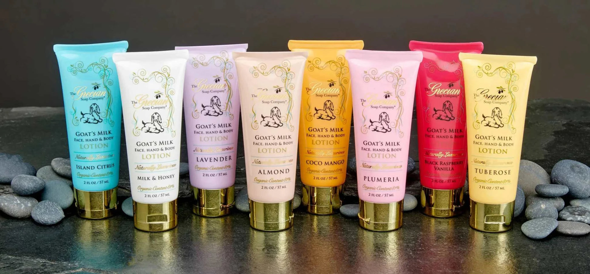 Organic Goats Milk Lotion Tubes in various fragrances, 2oz travel size.