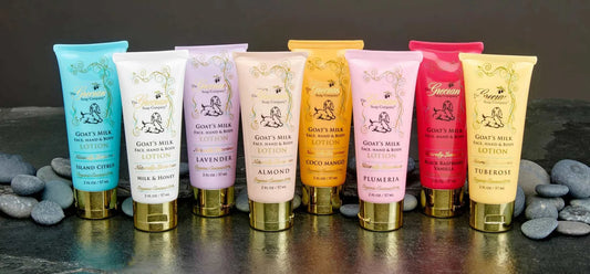 Organic Goats Milk Lotion Tubes in various fragrances, 2oz travel size.