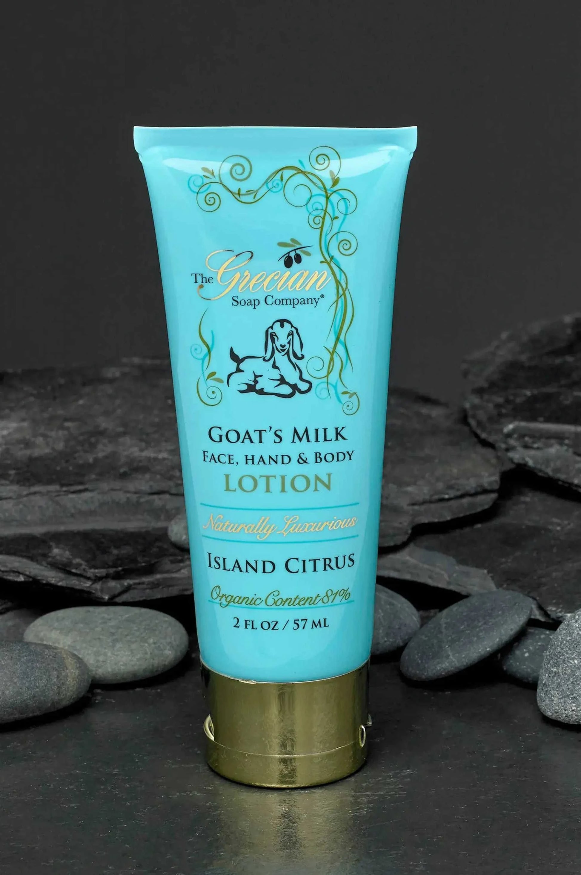 Organic goats milk lotion tube, 2oz, island citrus fragrance.