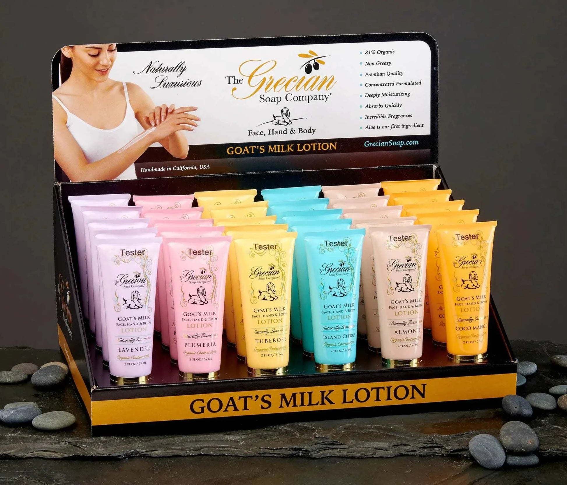 Organic goats milk lotion tubes in assorted fragrances, convenient 2oz size for travel.