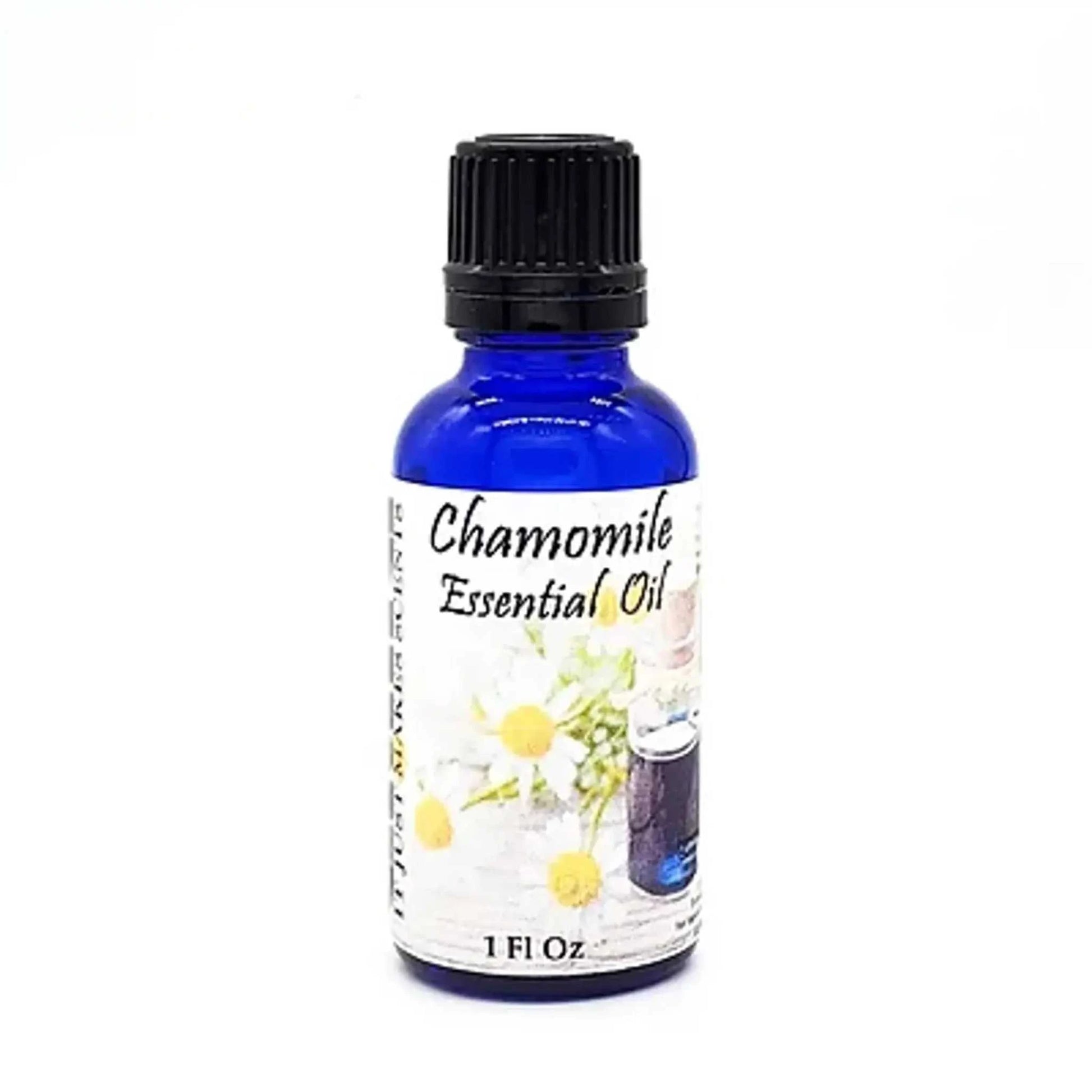 Blue bottle of Our Aroma Chamomile Essential Oil, 2 oz, with chamomile imagery.