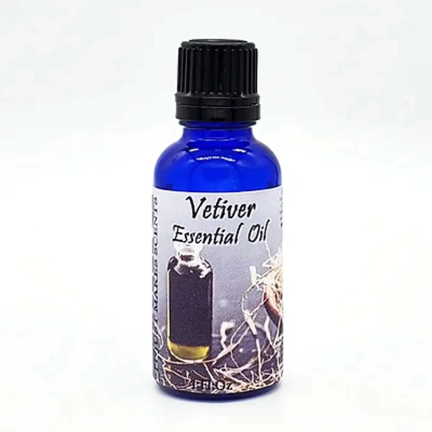 Vetiver essential oil in blue glass bottle, 1 oz.