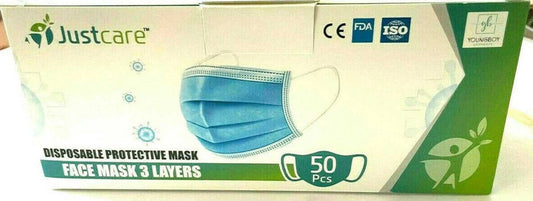 Disposable blue face mask box with 50pcs, three-layer protection, FDA approved.