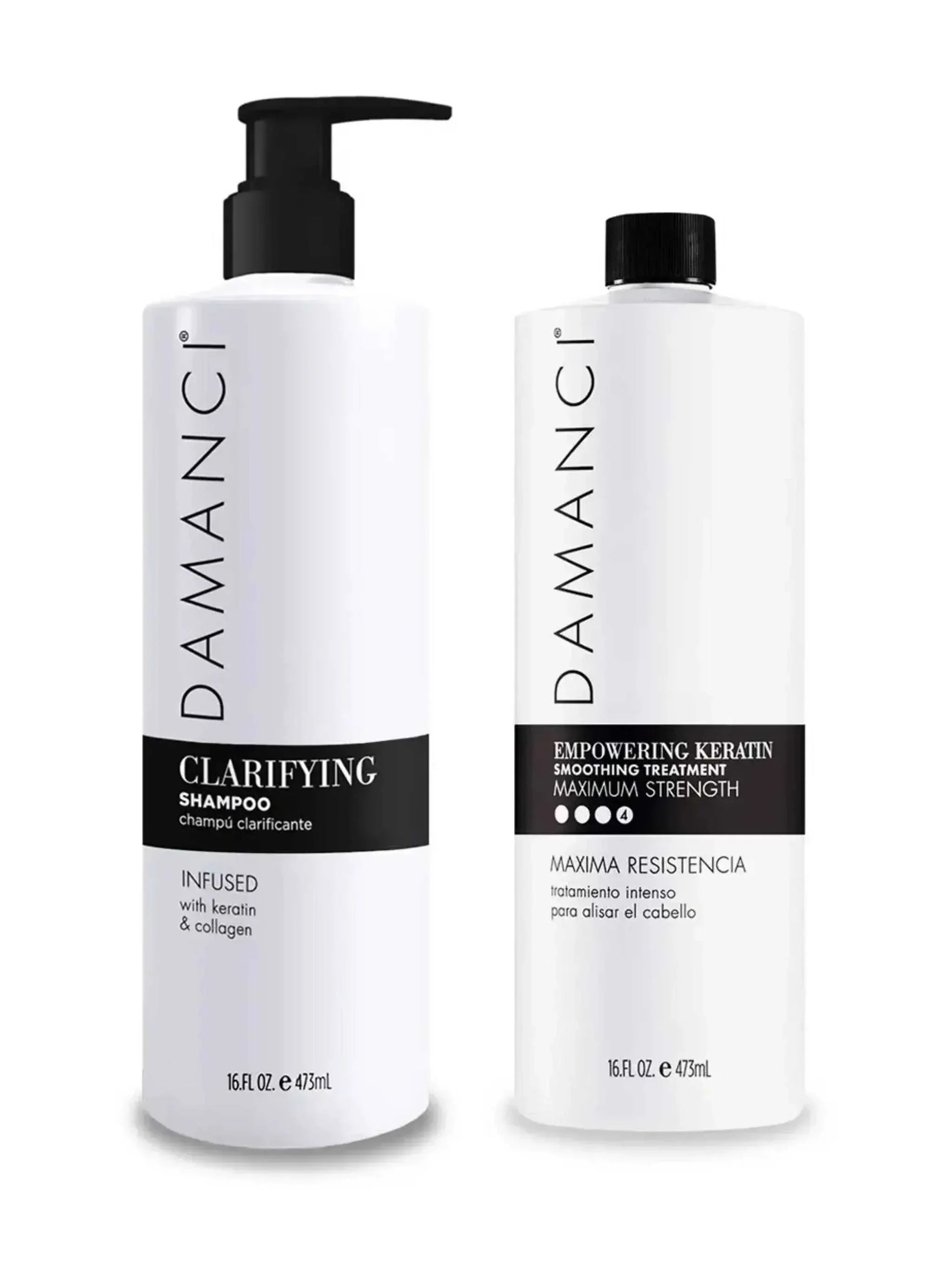 Damanci Keratin Express Kit with clarifying shampoo and empowering keratin smoothing treatment for anti-aging, frizz reduction, and hair strengthening.