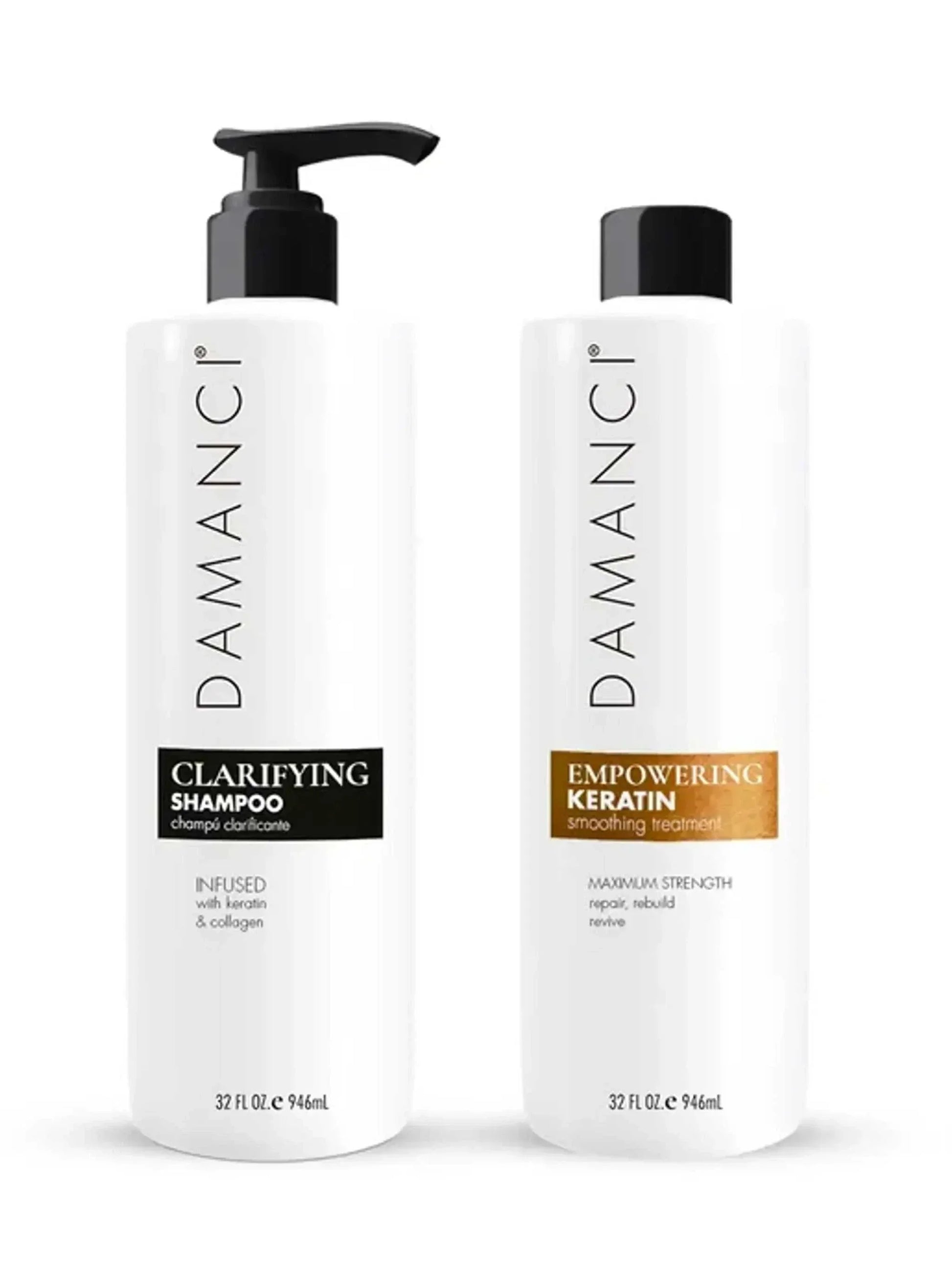 Damanci Keratin Express Kit with clarifying shampoo and empowering keratin smoothing treatment bottles