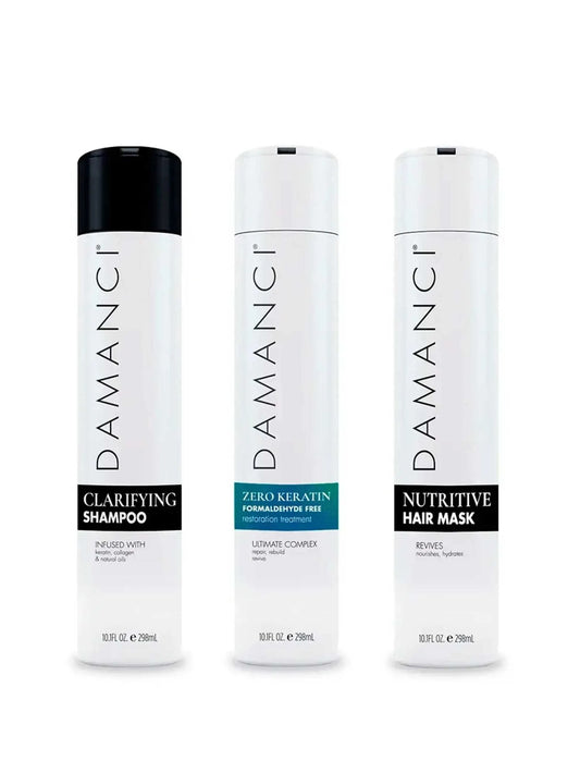 Zero Keratin Revival Kit with clarifying shampoo, formaldehyde-free treatment, and nutritive hair mask bottles.