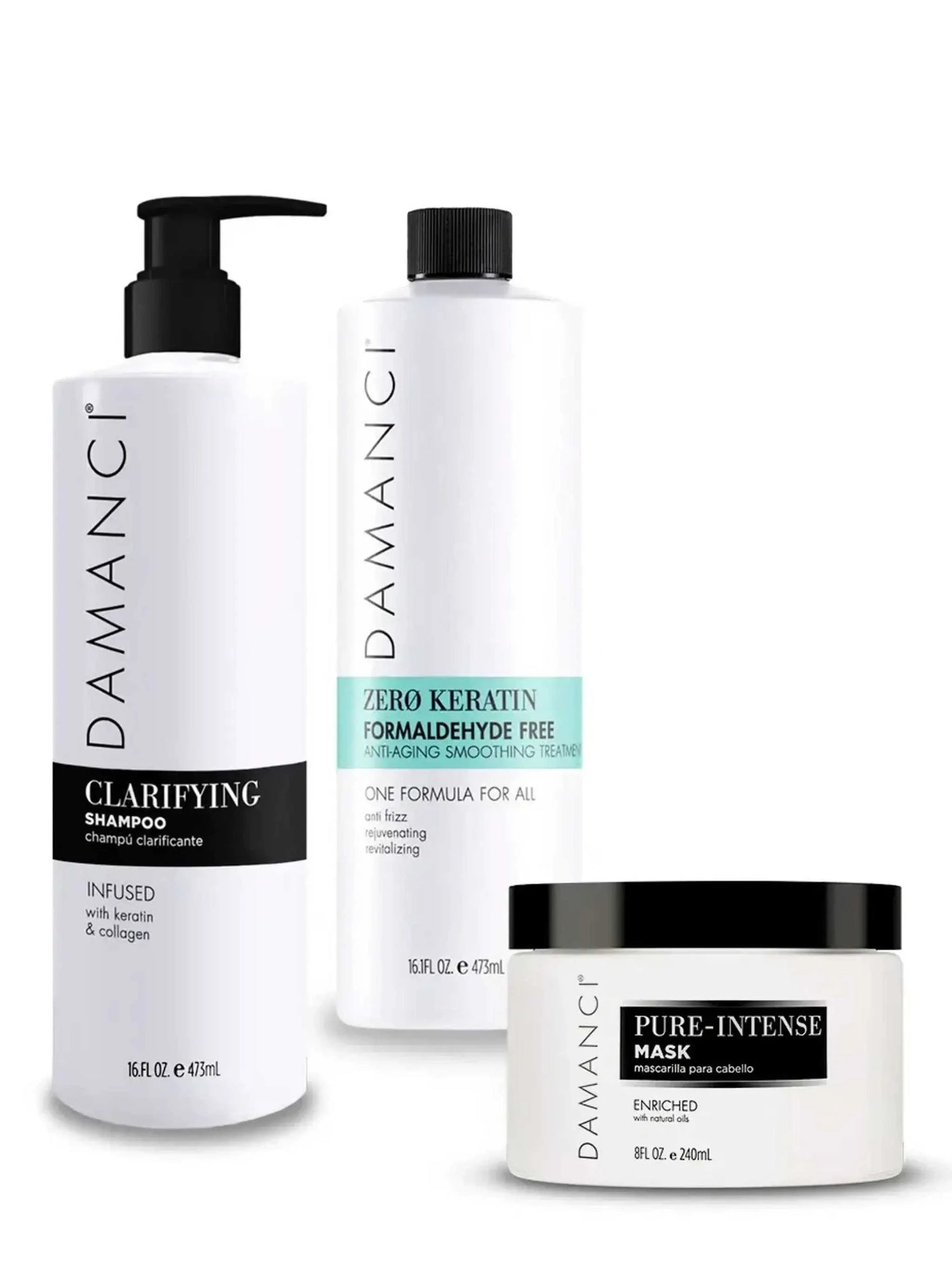 Zero Keratin Revival Kit with shampoo, smoothing treatment, and hair mask, formaldehyde-free, enhances shine and vitality.