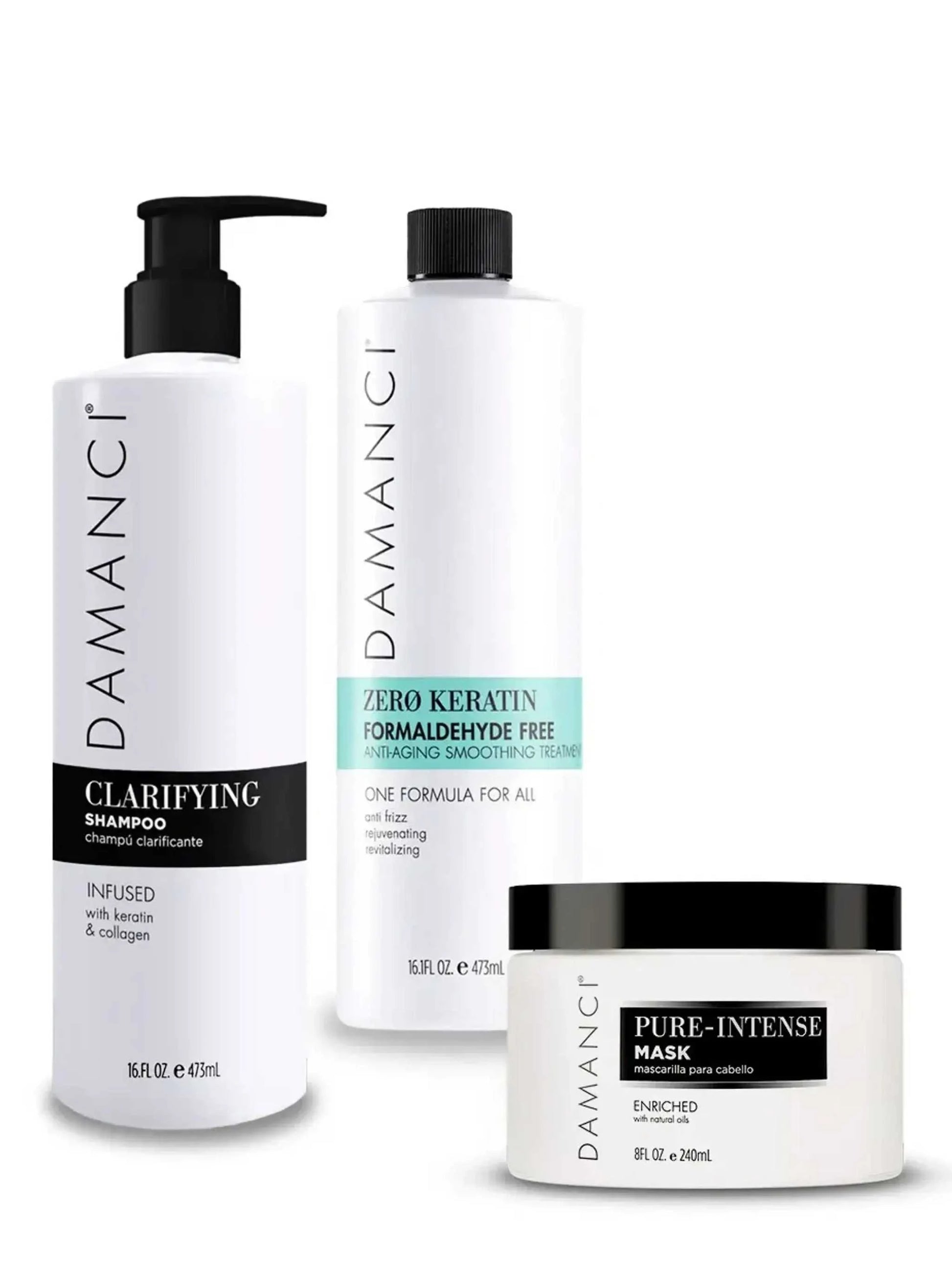 Zero Keratin Revival Kit with shampoo, smoothing treatment, and hair mask, formaldehyde-free, enhances shine and vitality.