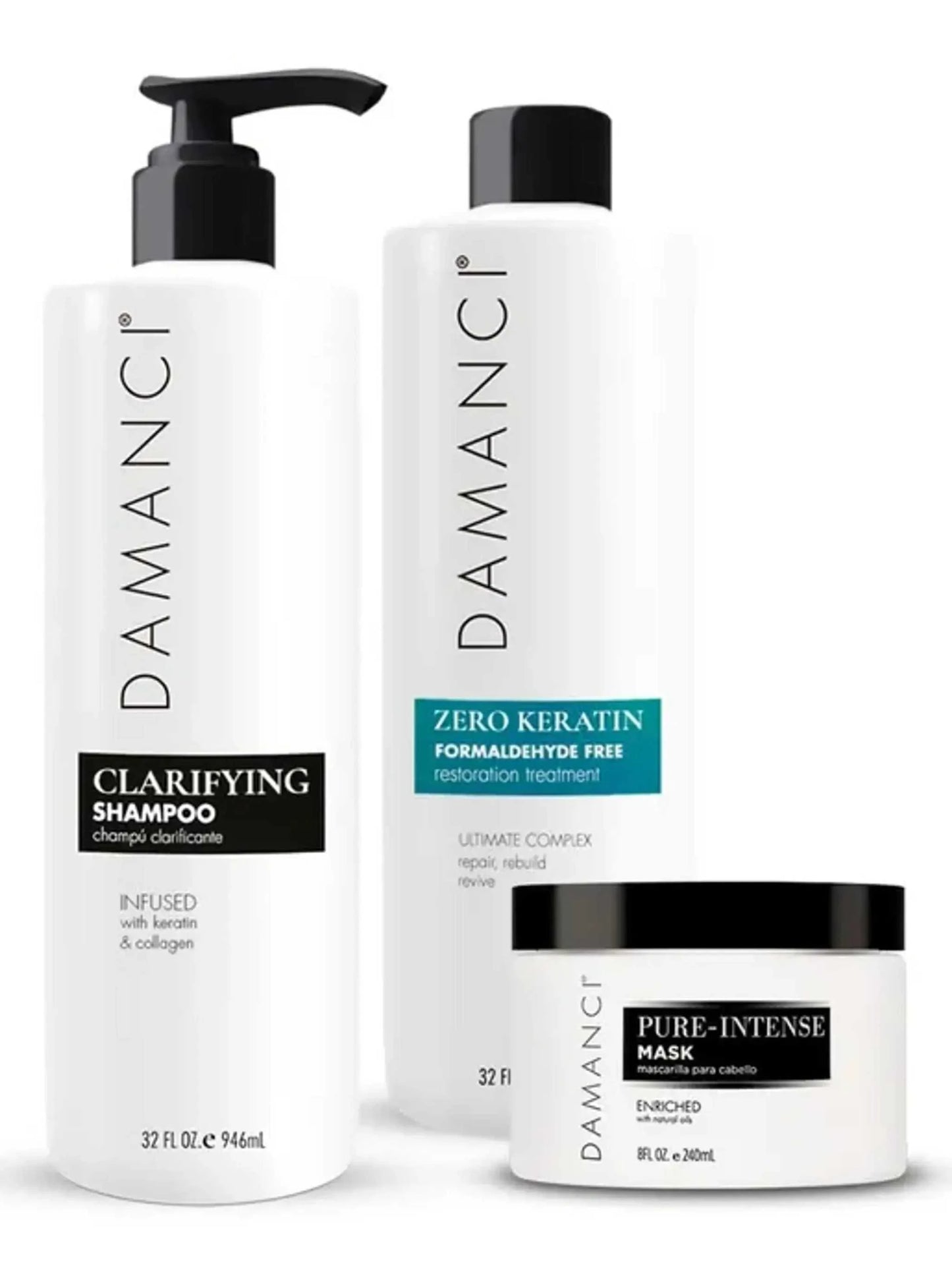 Zero Keratin Revival Kit with clarifying shampoo and pure-intense mask, formaldehyde-free, anti-frizz hair treatment.