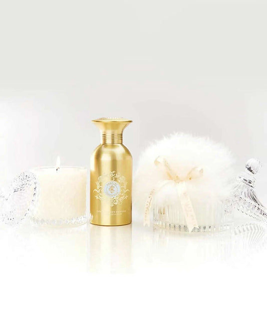 Shelley Kyle Lorelei Crystal Gift Set with candle, crystal dish, powder puff, and mica body powder.