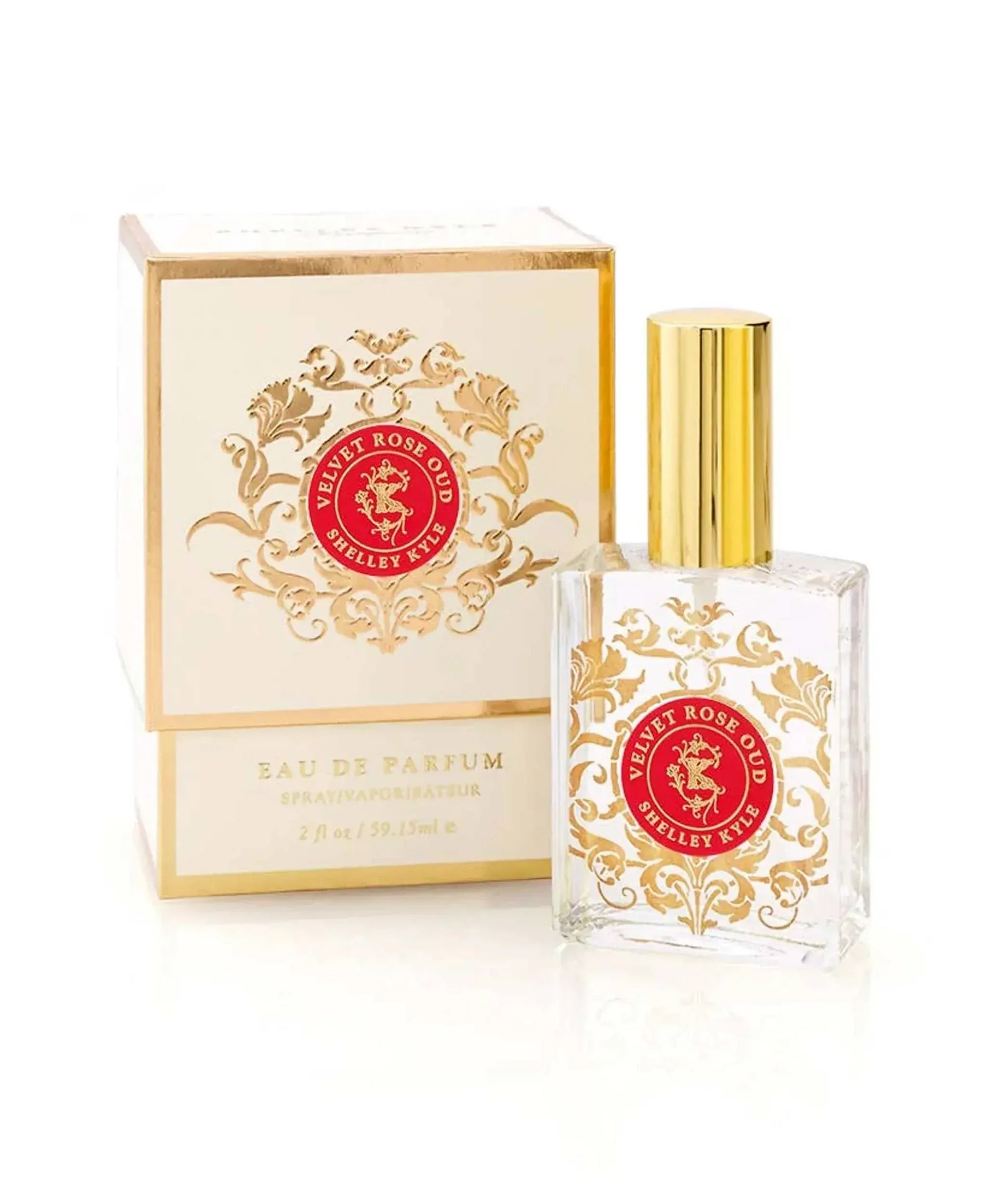 60ml Velvet Rose Oud Perfume by Shelley Kyle with floral and woody notes in elegant gold-accented bottle and box