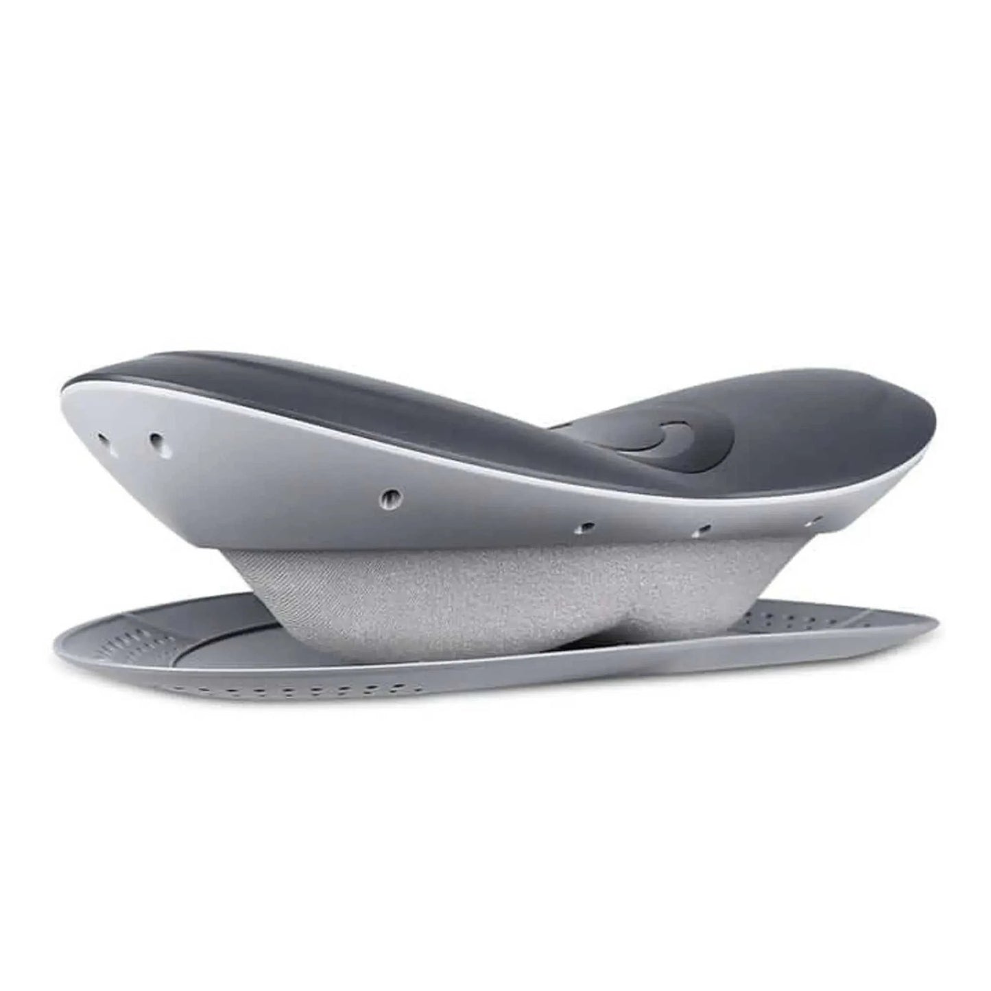 Black lower back stretcher and massager with heat function, ergonomic curved design, and intelligent vibration system.