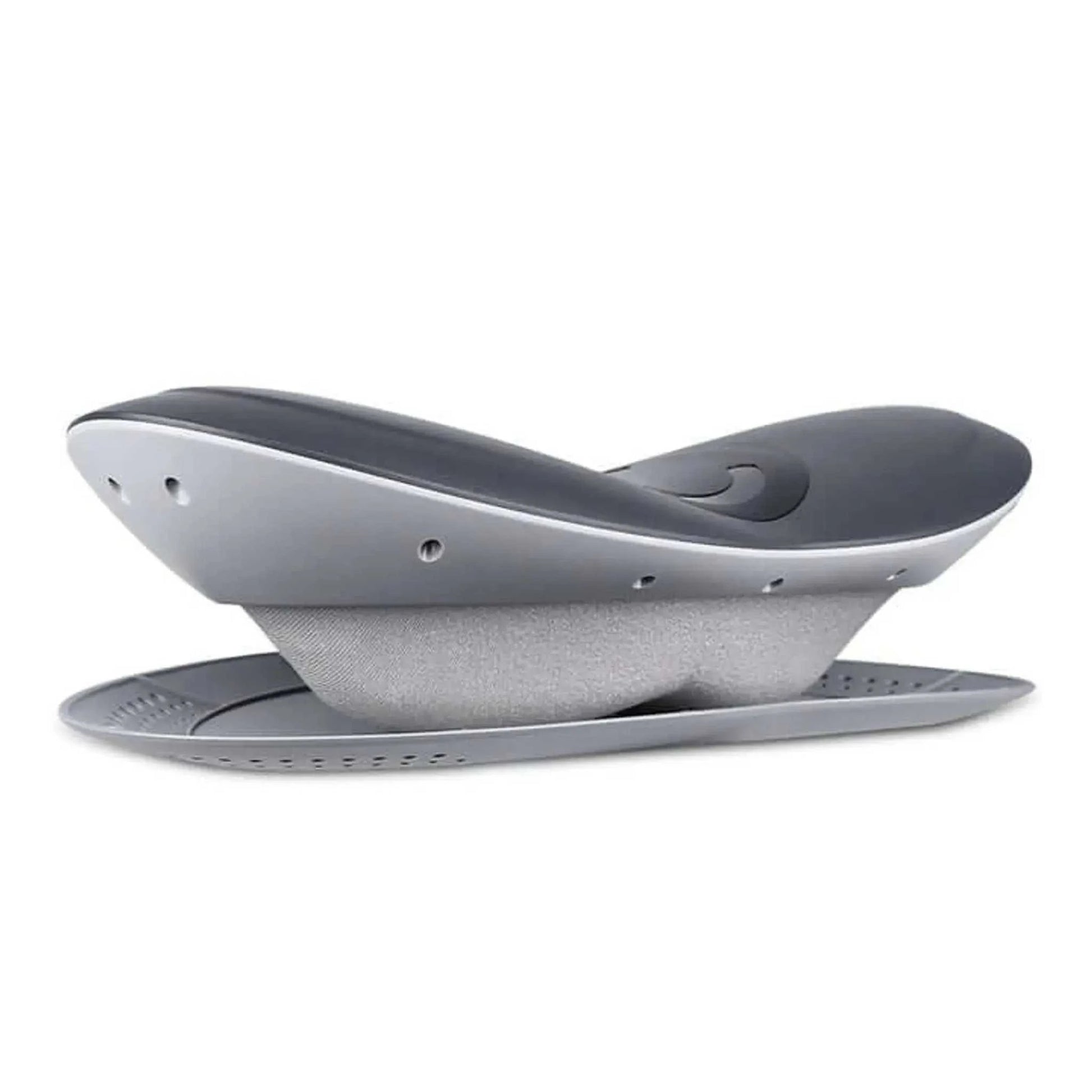Black lower back stretcher and massager with heat function, ergonomic curved design, and intelligent vibration system.