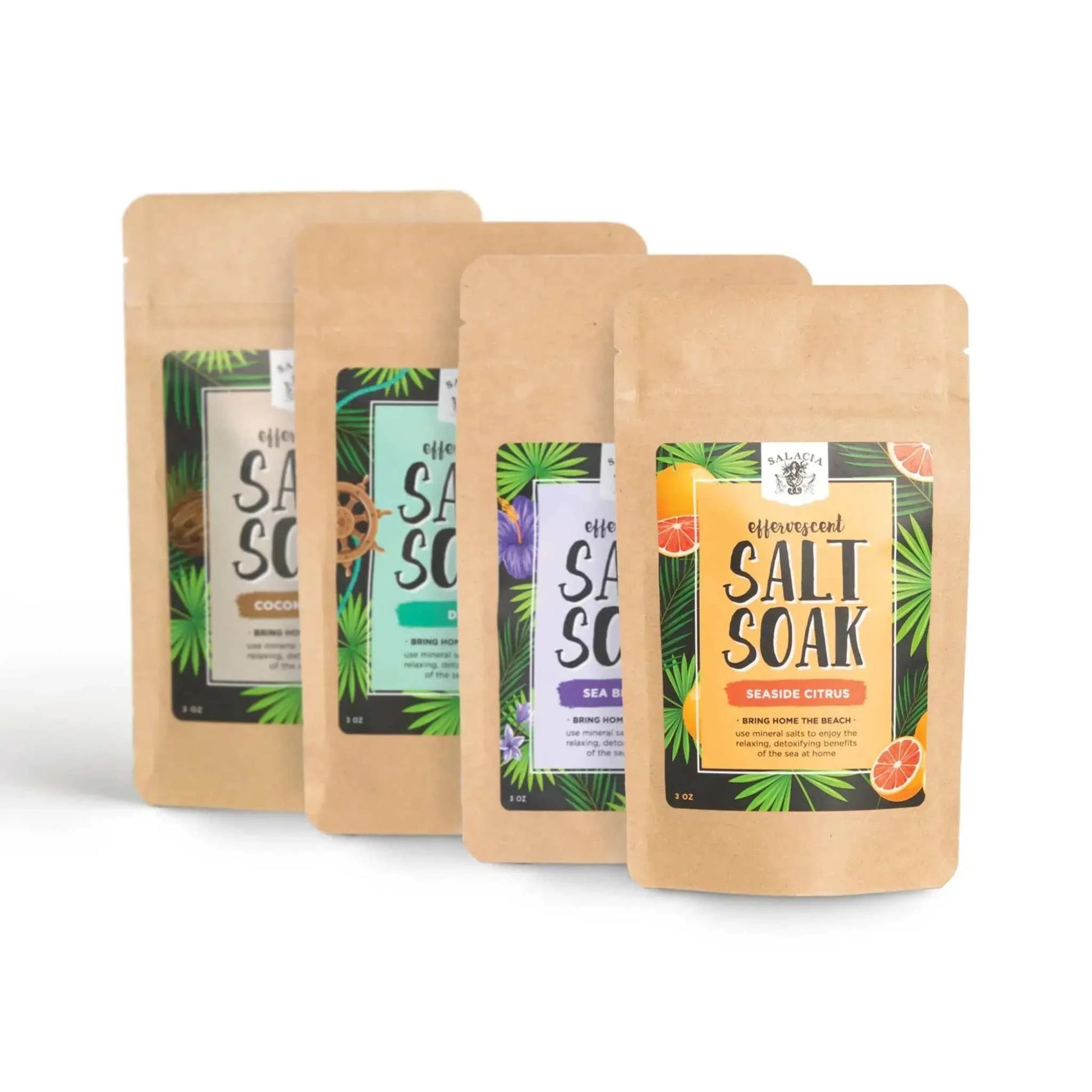 Effervescent salt soaks with point of purchase display, featuring Atlantic sea salt pouches in coconut, lemon lavender, seaside citrus, and drift scents.