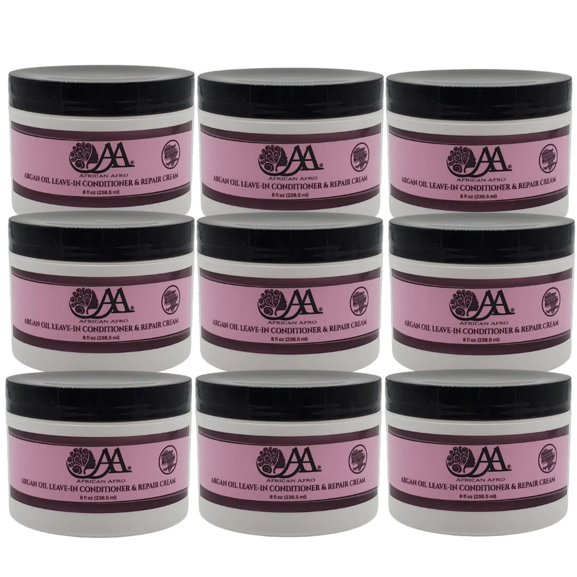 Argan Oil Leave-In Conditioner and Hair Repair Cream jars from African Afro, 8 fl. oz. each, displayed in multiples, featuring new improved formula for moisturizing and strengthening hair.