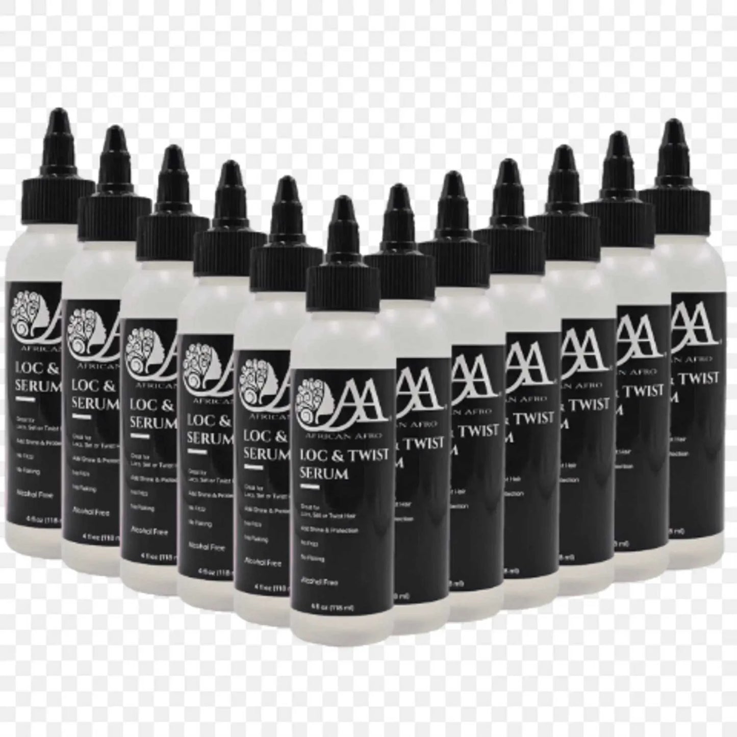 Row of African Afro Loc and Twist Serum bottles with black labels and black caps arranged in a semi-circle