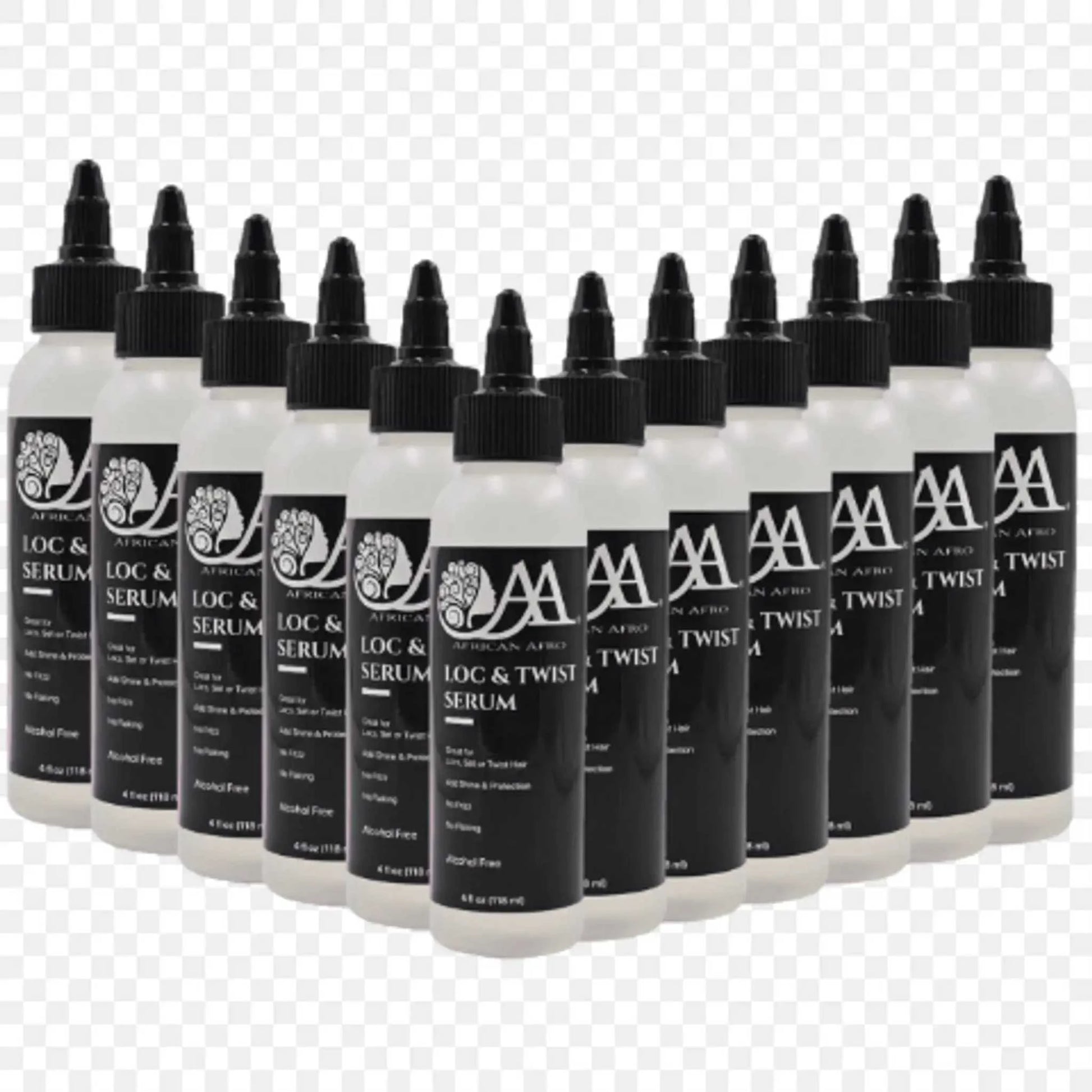 Row of African Afro Loc and Twist Serum bottles with black labels and black caps arranged in a semi-circle