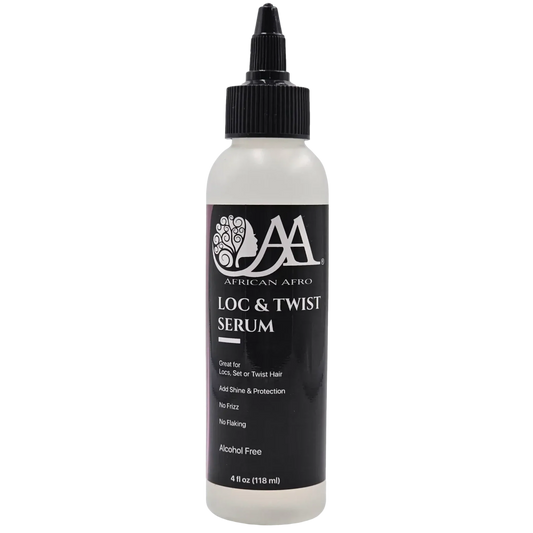 African Afro Loc and Twist Serum bottle for superior hold, shine, and scalp hydration