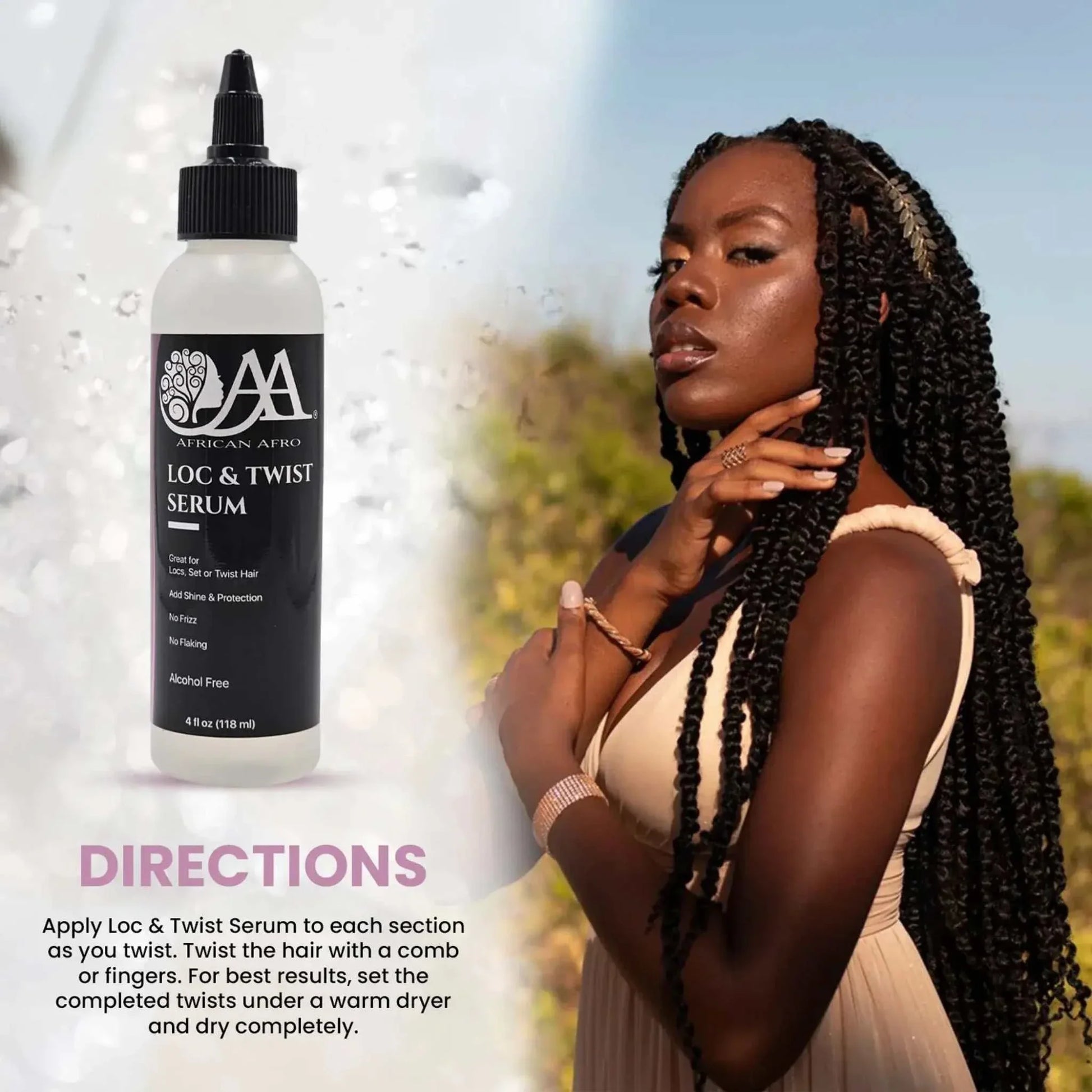 Loc and Twist Serum bottle with a woman showcasing long, styled twist hair outdoors, highlighting superior hold and shine for natural and relaxed hair.