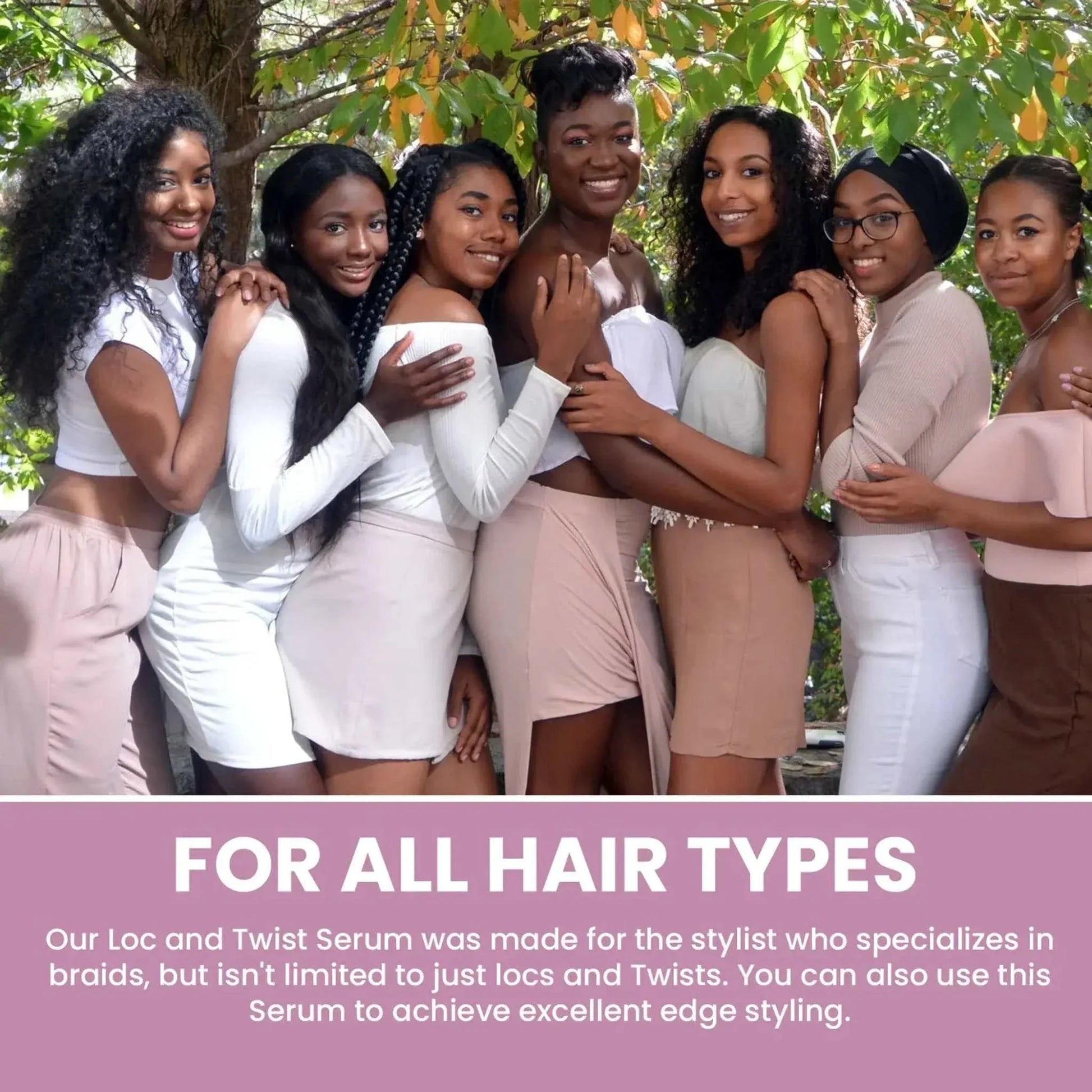 group of diverse women with natural and styled hair showcasing healthy, shiny locks outdoors promoting Loc and Twist Serum for all hair types and styles