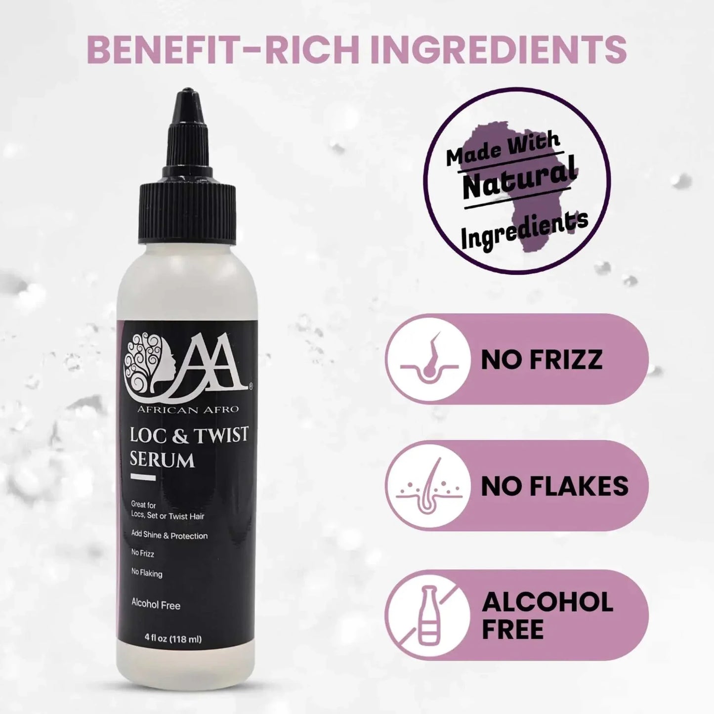 African Afro Loc and Twist Serum bottle highlighting natural ingredients, no frizz, no flakes, and alcohol-free benefits for hair styling and scalp care.