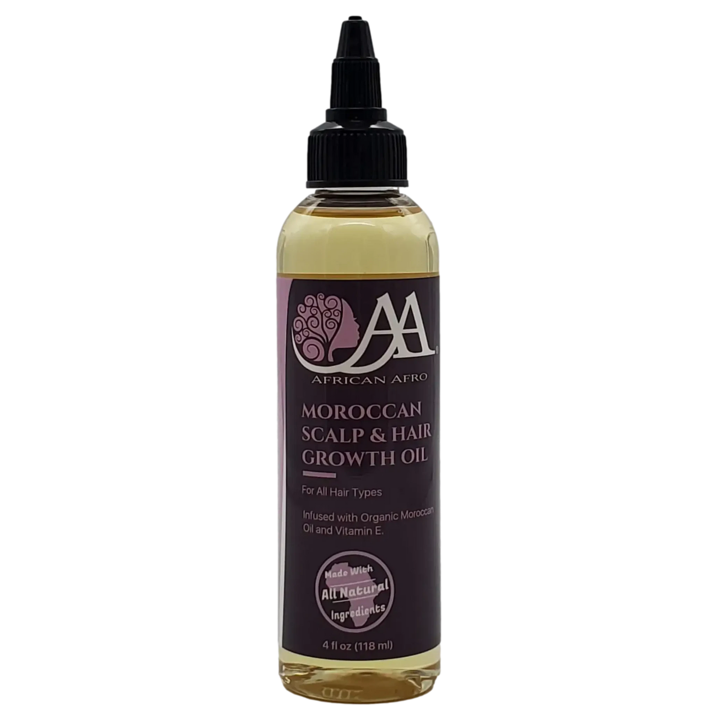 Moroccan Scalp & Hair Growth Oil bottle, African Afro brand, suitable for all hair types, 4 fl. oz.
