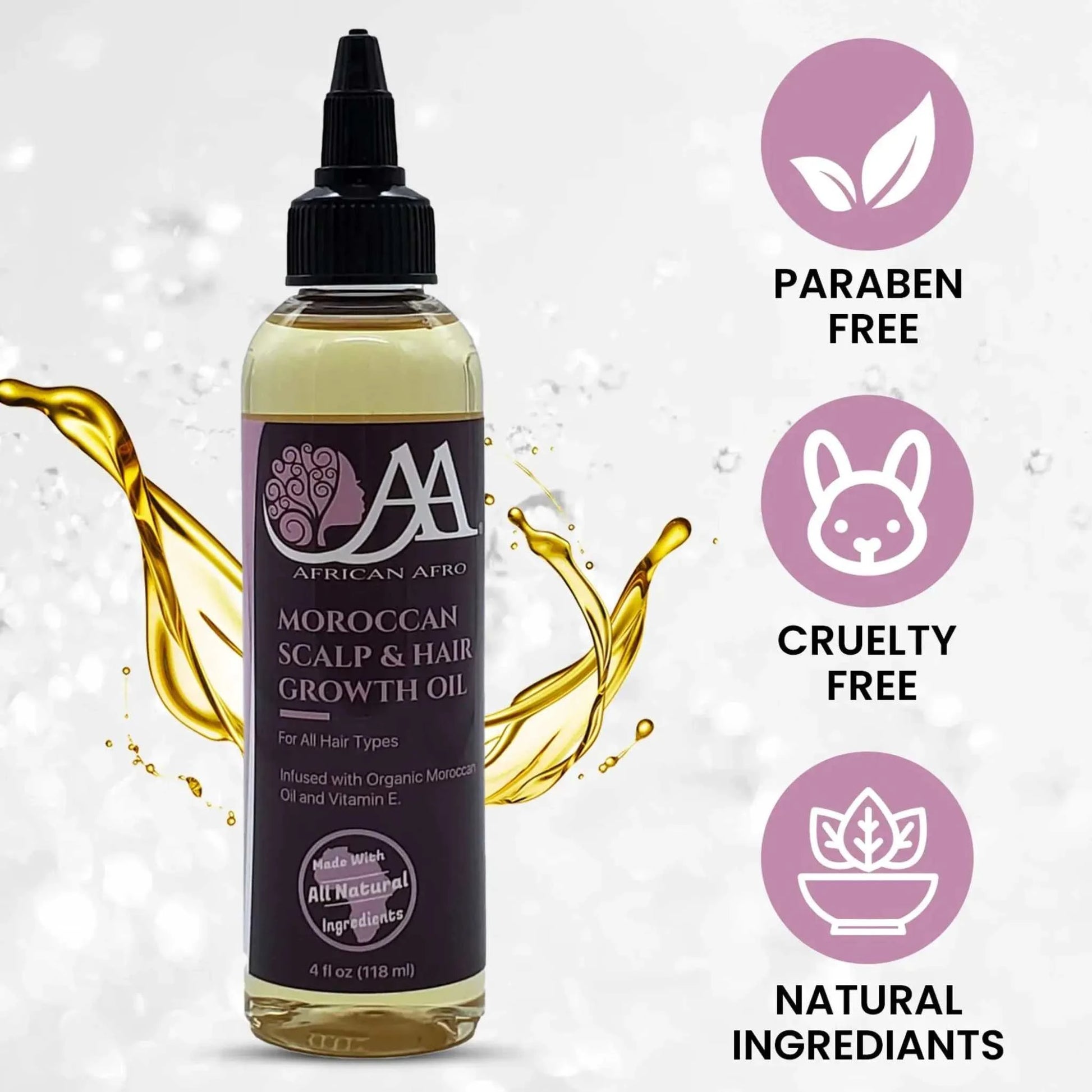 Moroccan Scalp & Hair Growth Oil bottle, 4 fl. oz, enhances follicle strength and supports hair growth with Moroccan argan oil. Suitable for all hair types.