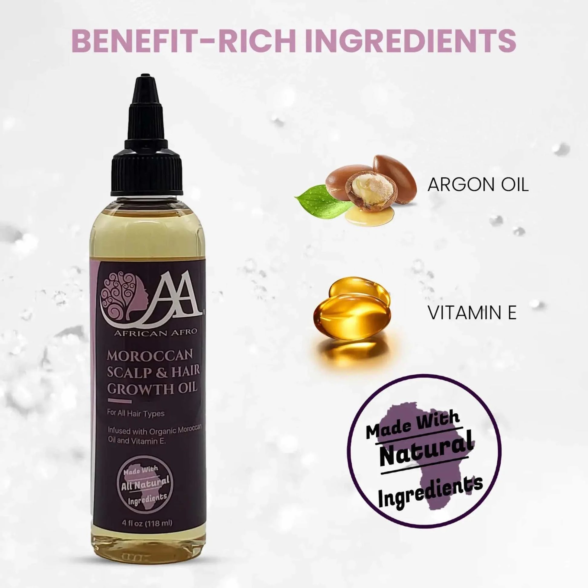 Moroccan Scalp & Hair Growth Oil, 4 fl. oz, promotes follicle strength and natural growth for all hair types, enriched with Moroccan argan oil and vitamins.