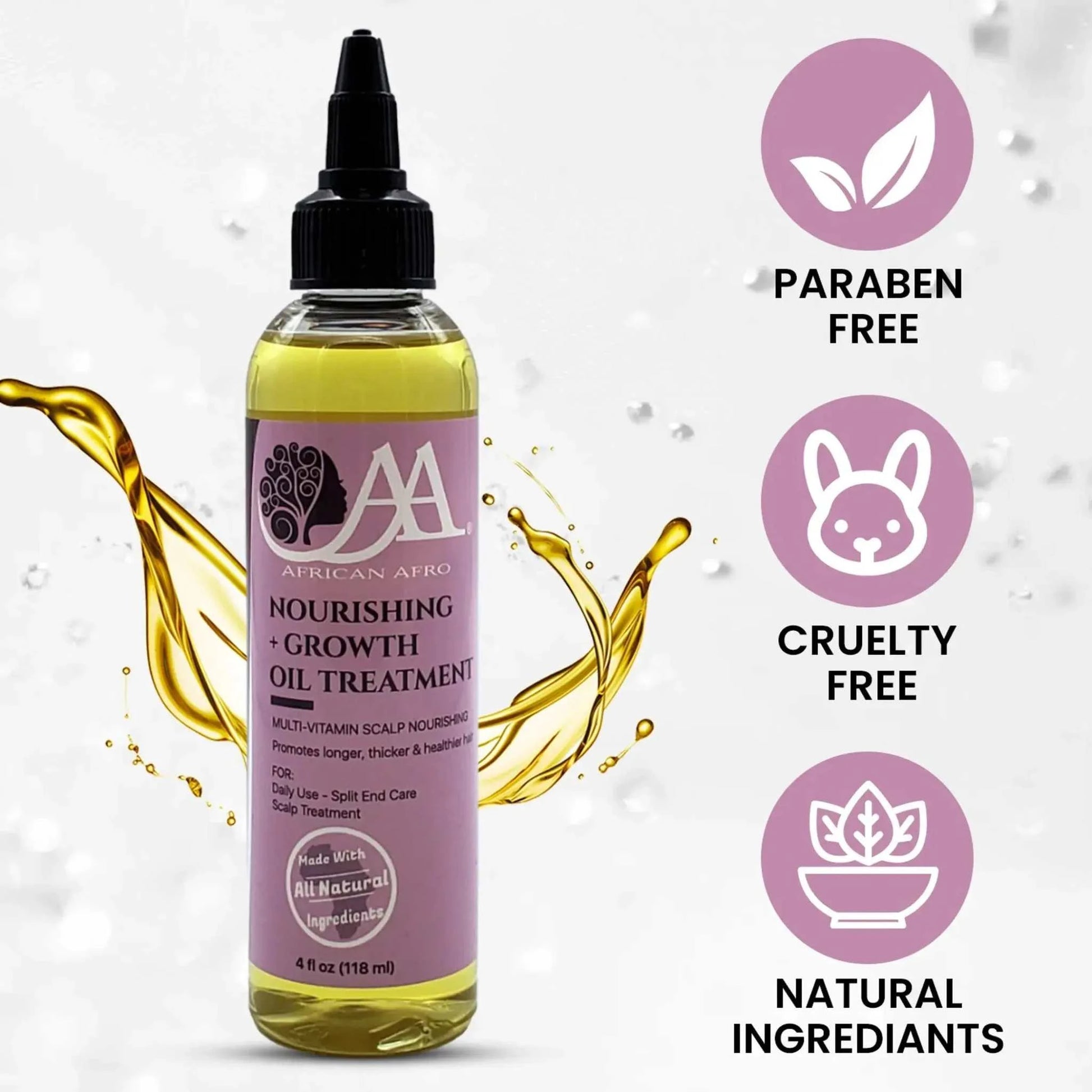Nourishing & growth oil hair treatment bottle featuring African Afro branding, promotes follicle strength and natural hair growth, made with natural tea tree and coconut oils, free of sulfates, gluten, and parabens.
