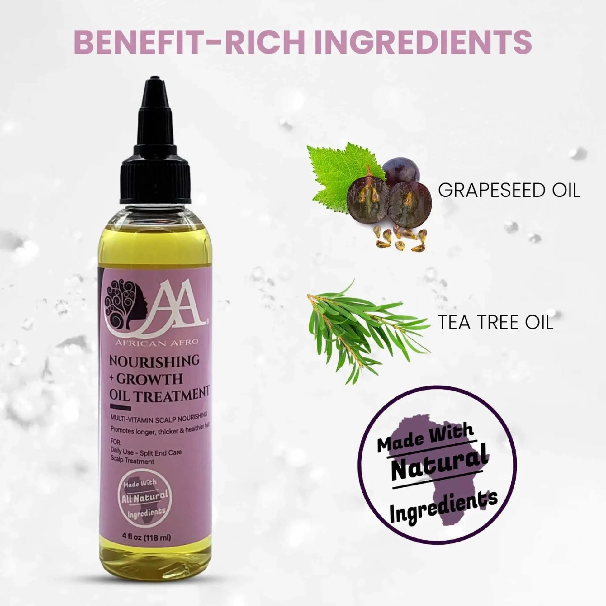 Nourishing & Growth Oil Hair Treatment with tea tree oil and essential vitamins, 4 fl. oz., promotes hair strength and natural growth, free of sulfates and parabens.